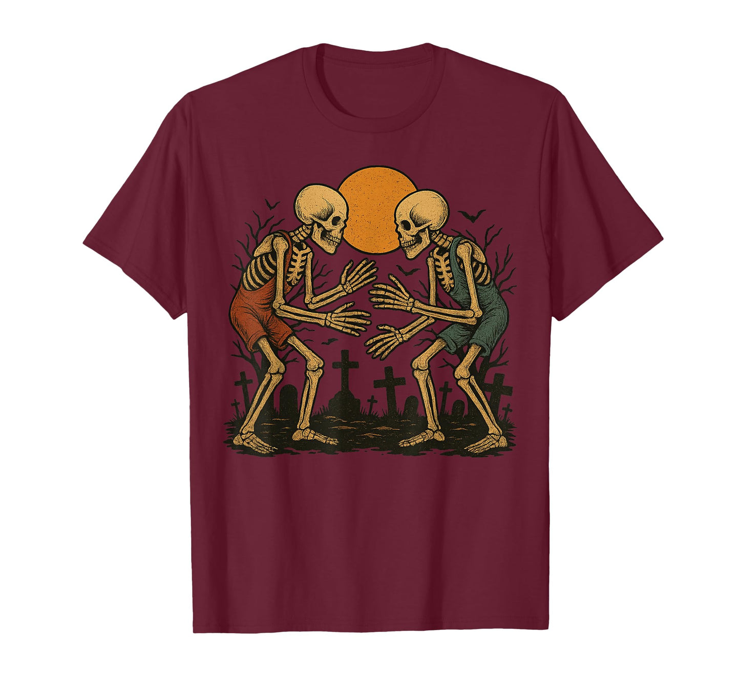 Spooky Skeletons Dancing Under Full Moon Halloween Wrestler T-Shirt