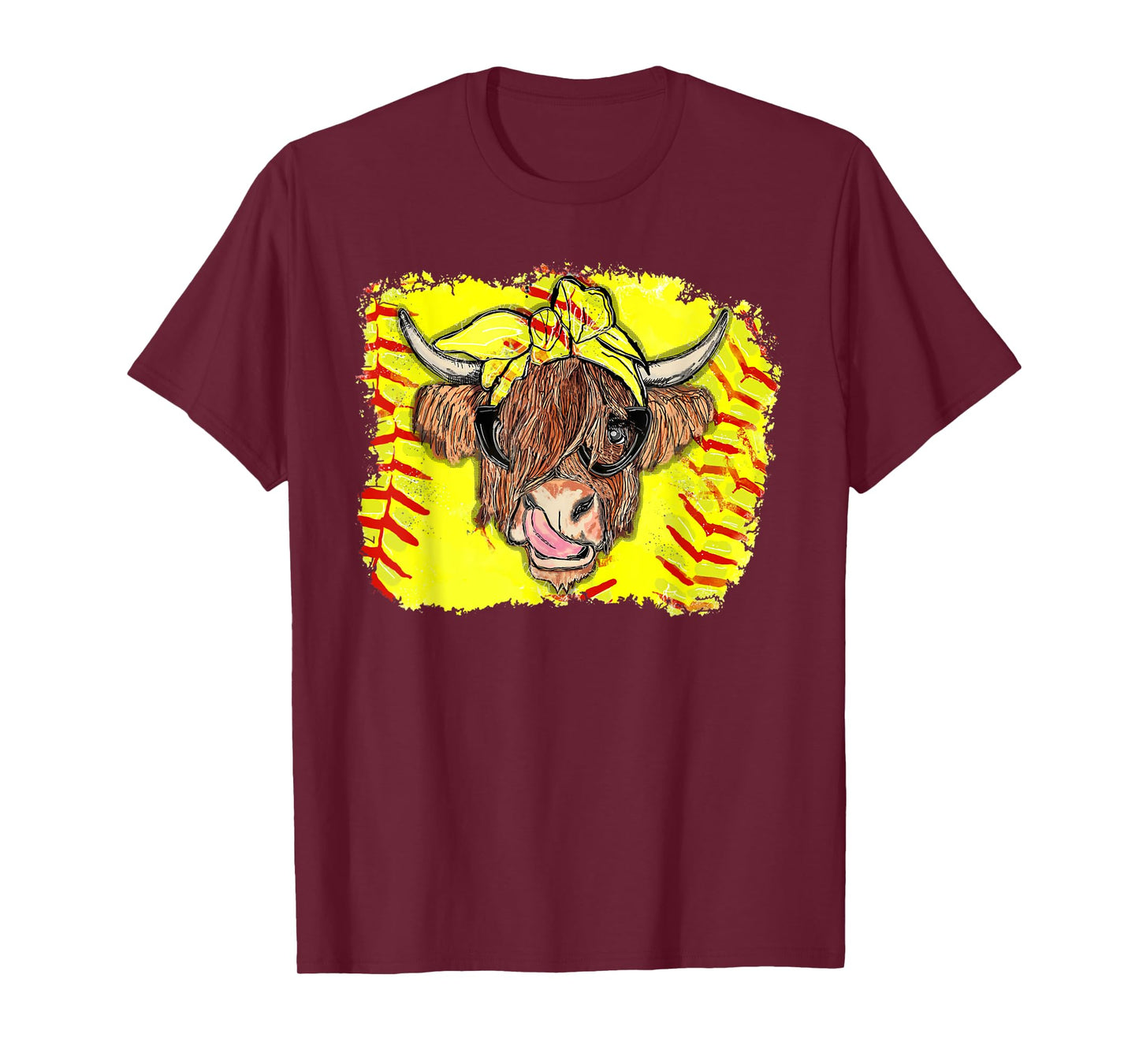 Softball Highland Cow With Bandana Glasses Happy Mother's T-Shirt