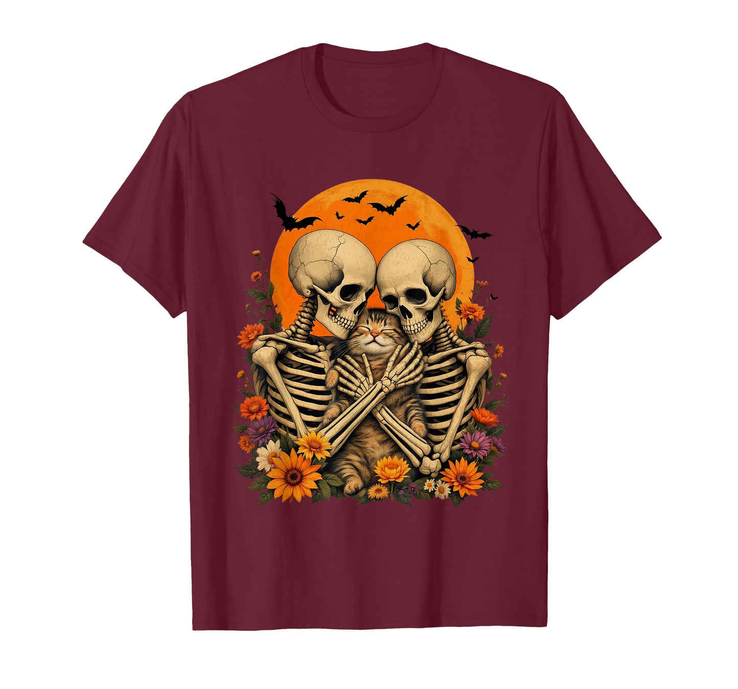 Skeleton Hugging Cat Floral Halloween Cat Lover Mom Costume T-Shirt