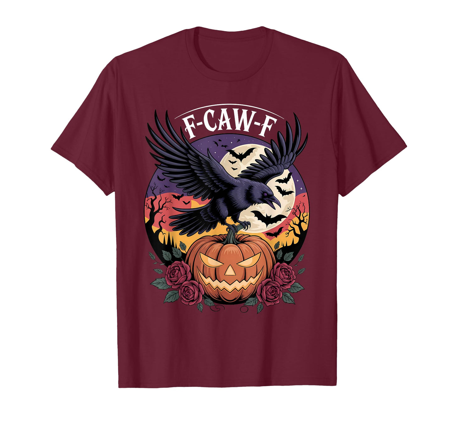 F CAW F Crow Raven Spooky Bird Funny Scary Pumpkin Full Moon T-Shirt