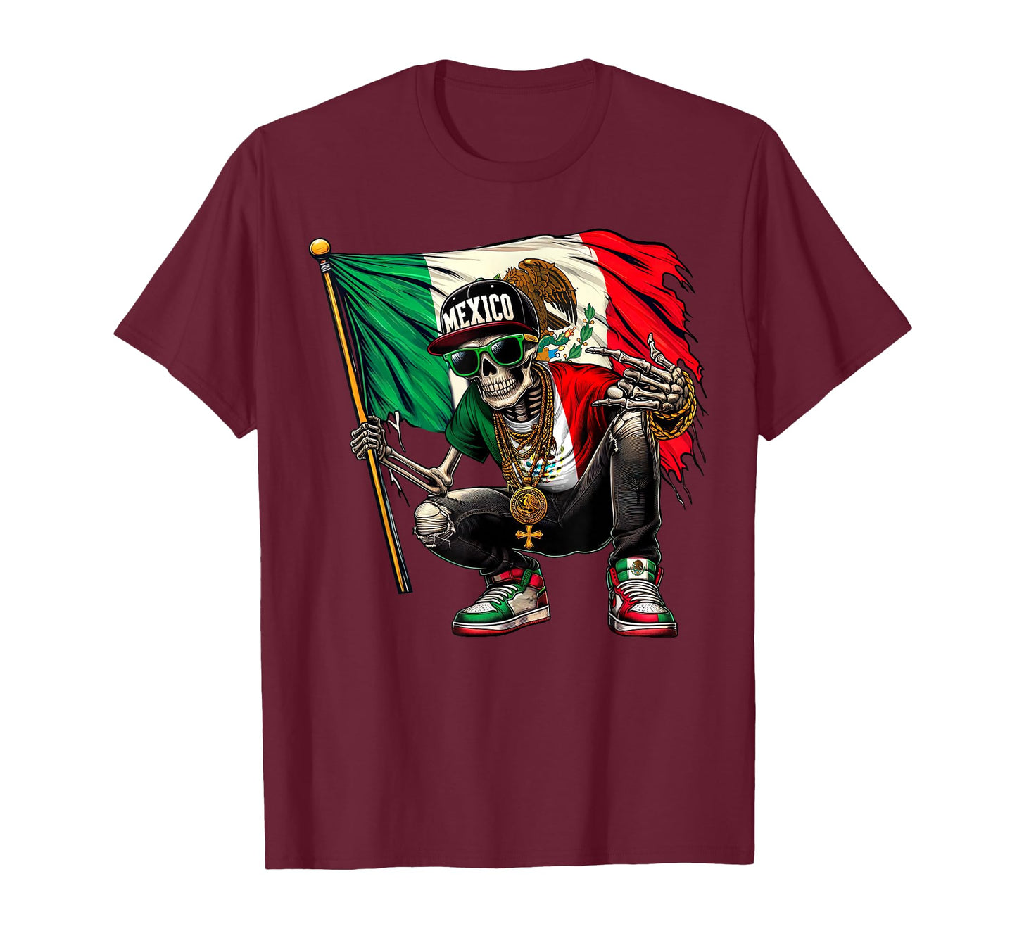 Distressed Mexico Flag Skull Rock Skeleton Shirts Men Boys T-Shirt