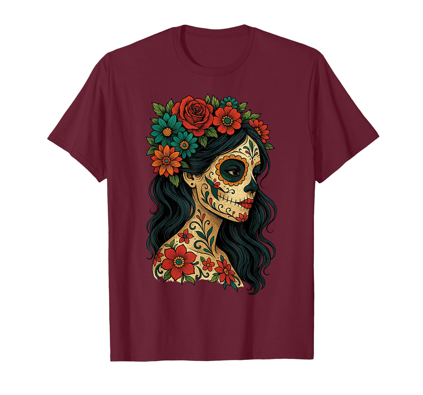 Day of The Dead Dia De Los Muertos Floral Sugar Skull Woman T-Shirt