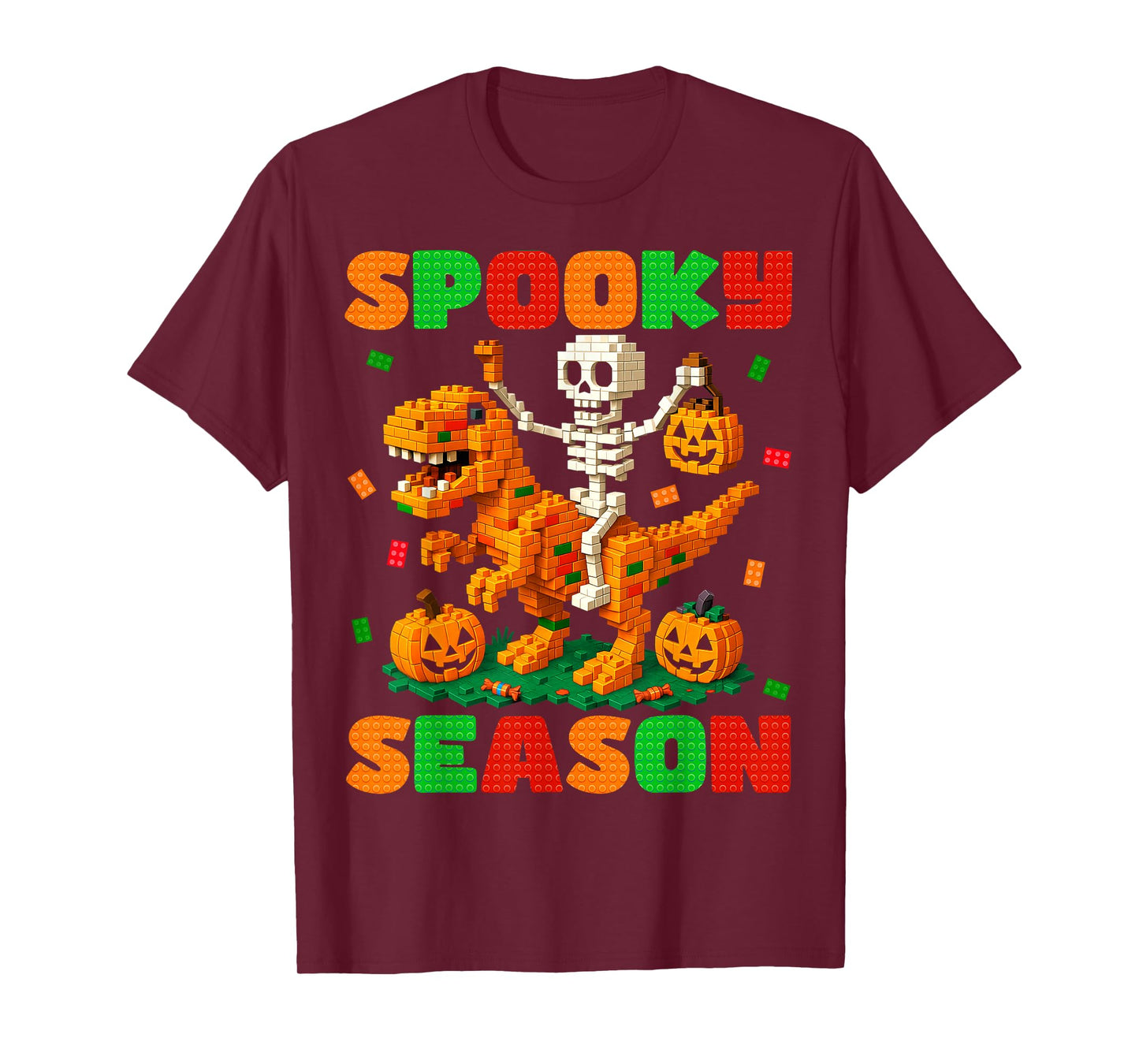 Spooky Season Building Brick Skeleton Dinosaur Kids Toddlers T-Shirt