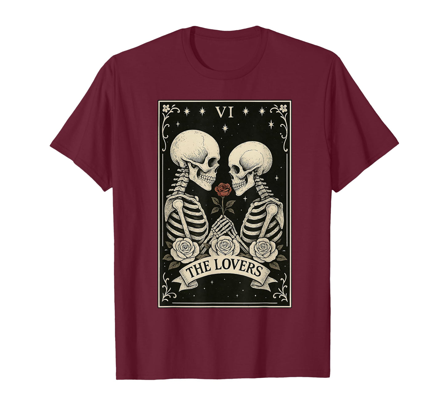 Tarot Card The Lovers Floral Goth Skeleton Halloween Witch T-Shirt