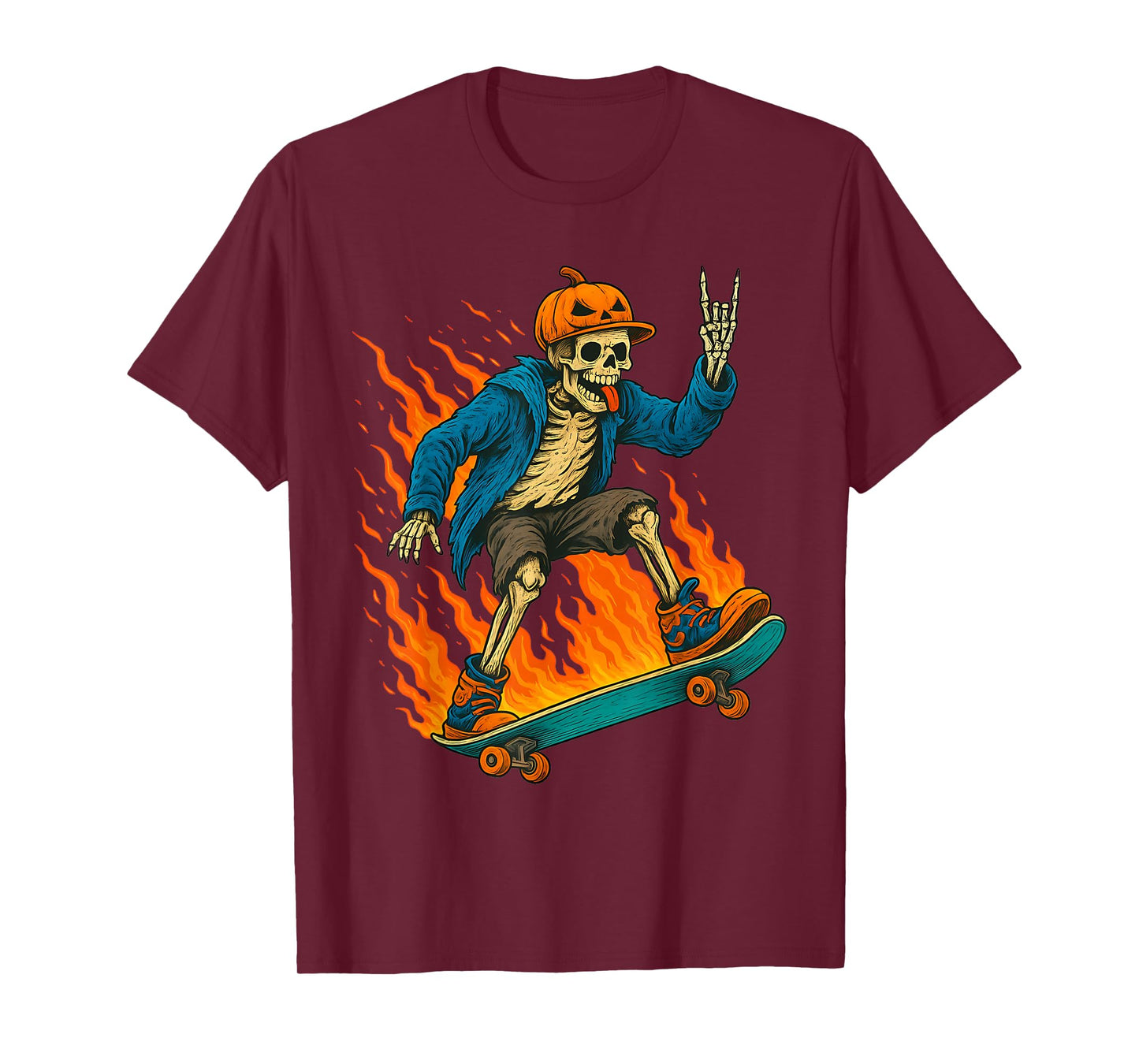 Halloween Skeleton Skateboarding Pumpkin Flame Spooky Design T-Shirt