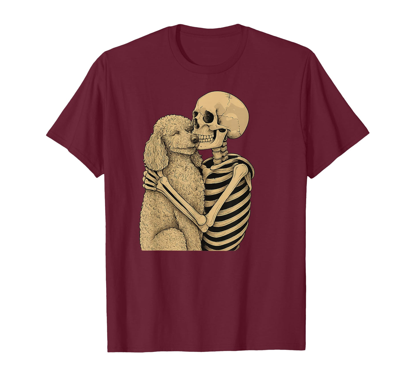 Skeleton Hugging Poodle Dog Halloween T-Shirt