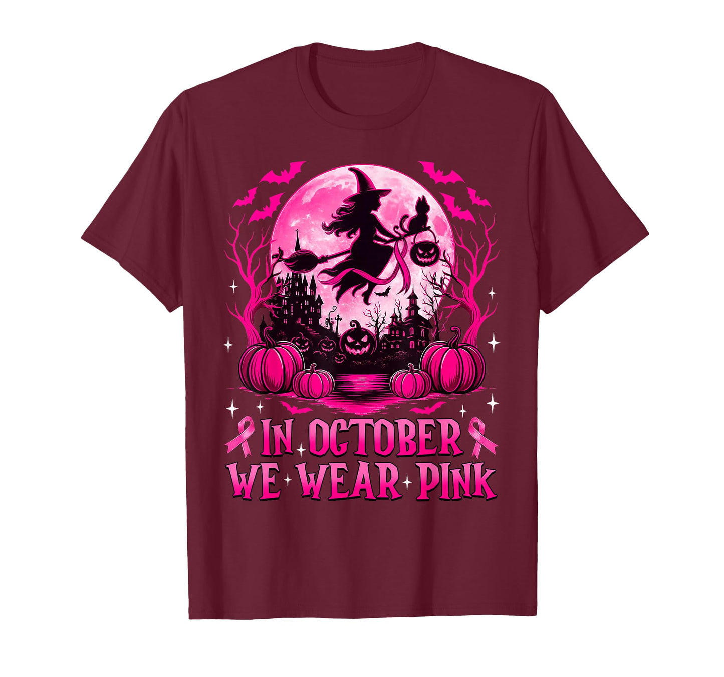 in October We Wear Pink Witch Breast Cancer Awareness Women T-Shirt