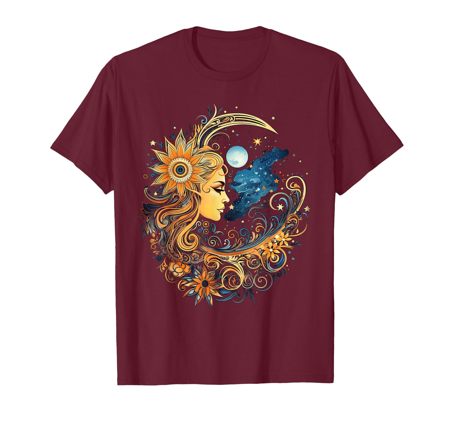 Mystical Sun and Moon with Woman Mystical Flowers Aesthetic T-Shirt