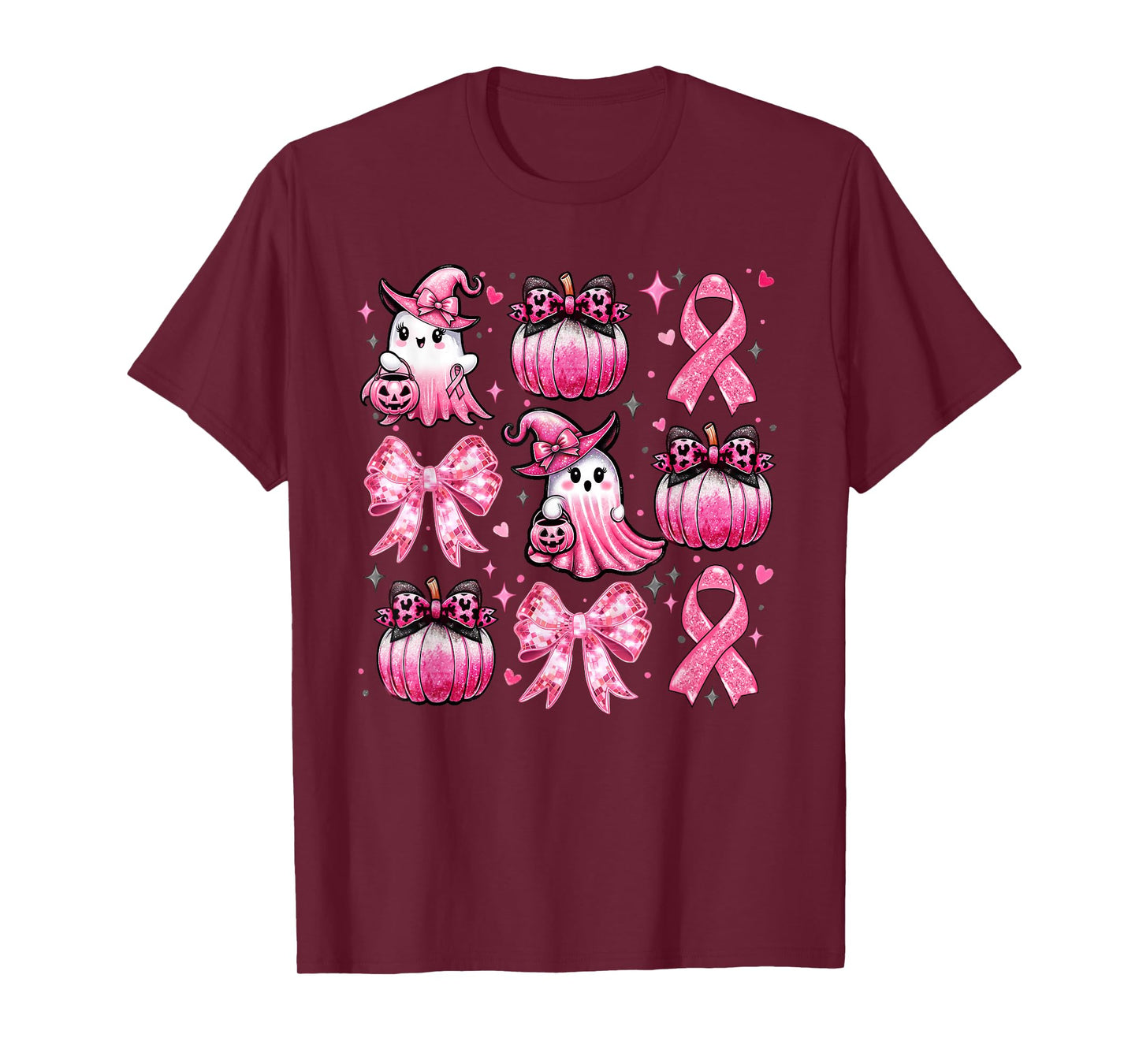 Pink Ghost Coquette Bow Halloween Breast Cancer Awareness T-Shirt
