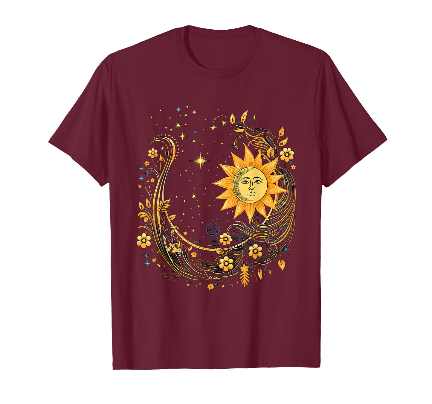 Mystical Sun and Moon with Woman Mystical Flowers Aesthetic T-Shirt
