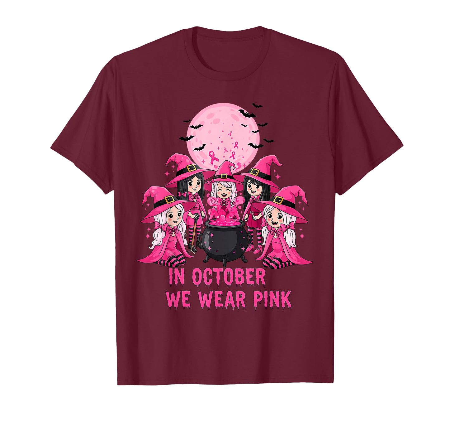 October We Wear Pink Witch Halloween Breast Cancer Awareness T-Shirt