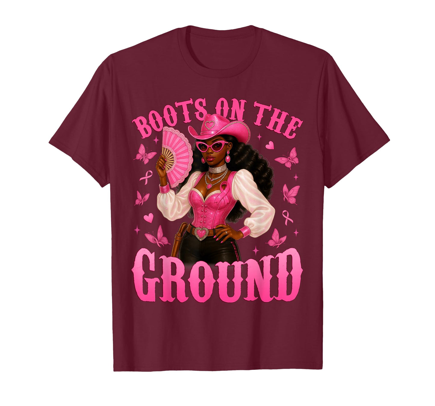 Boots On The Ground Pink Cowgirl Breast Cancer Western Women T-Shirt