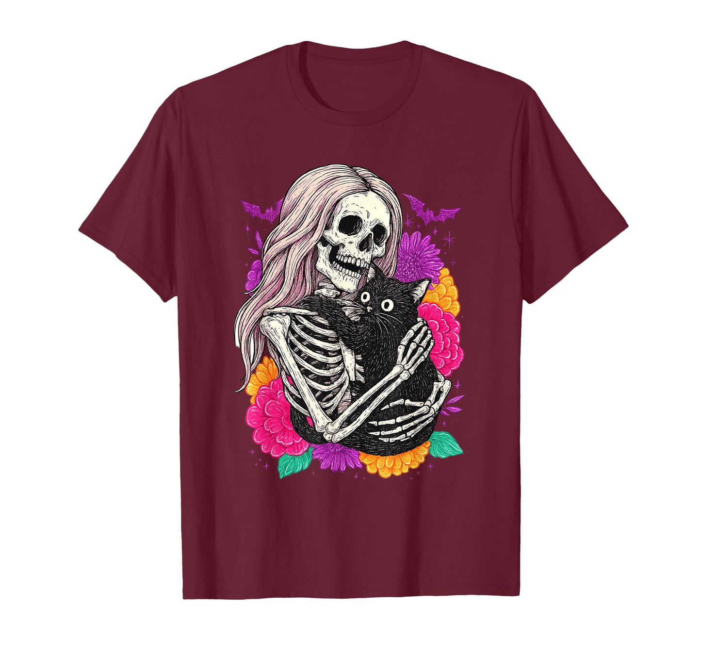 Skeleton Hugging Cat Floral Gothic Halloween Tee T-Shirt
