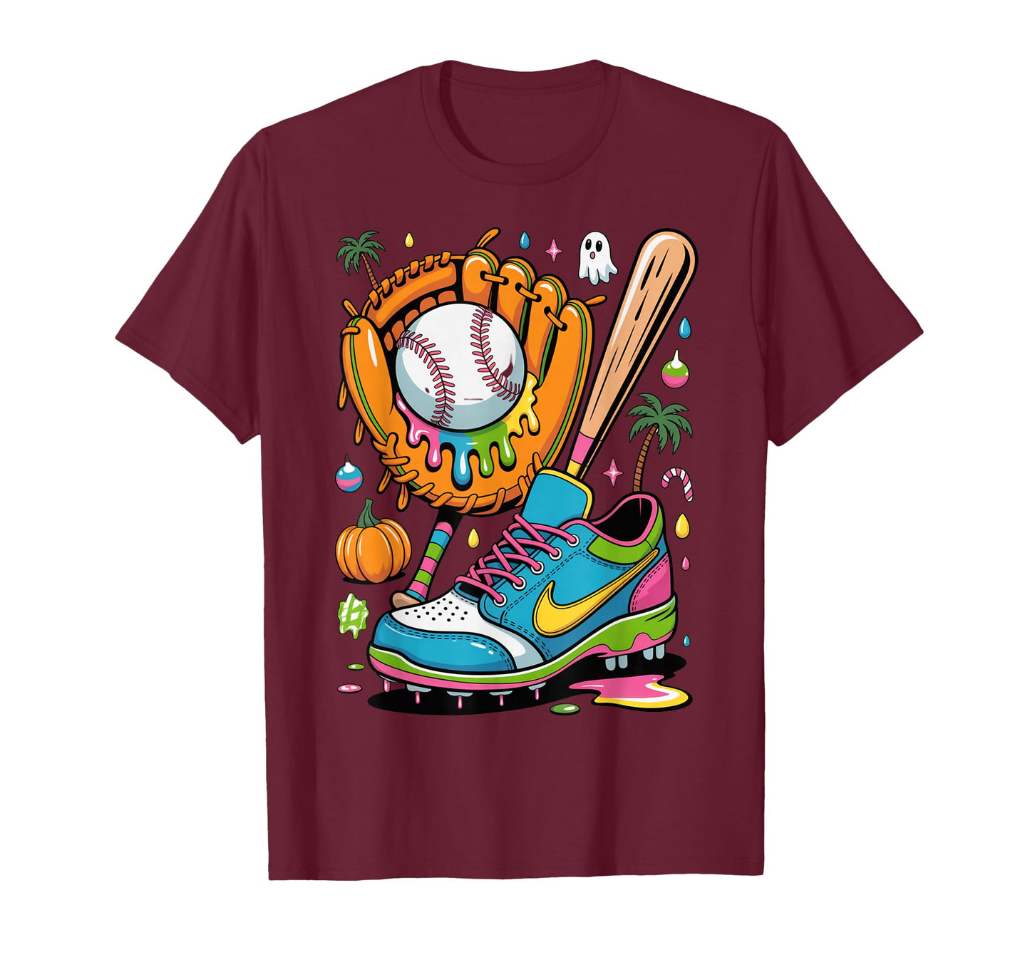 Colorful Dripping Baseball Glove Bat Cleat Funny Halloween T-Shirt