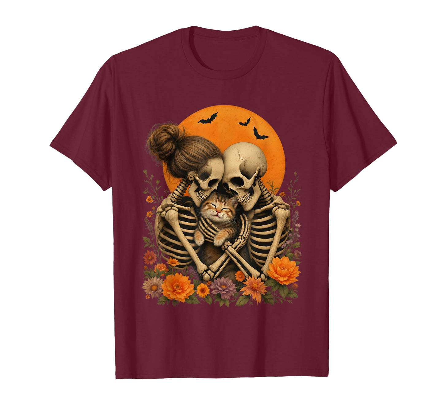 Skeleton Hugging Cat Floral Halloween Cat Lover Mom Costume T-Shirt