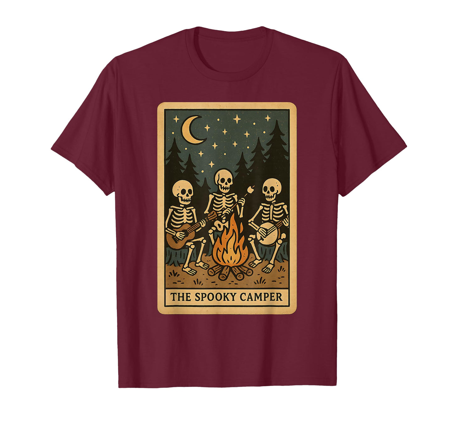 Spooky Skeleton Camper Halloween Night Campfire Retro Tarot T-Shirt
