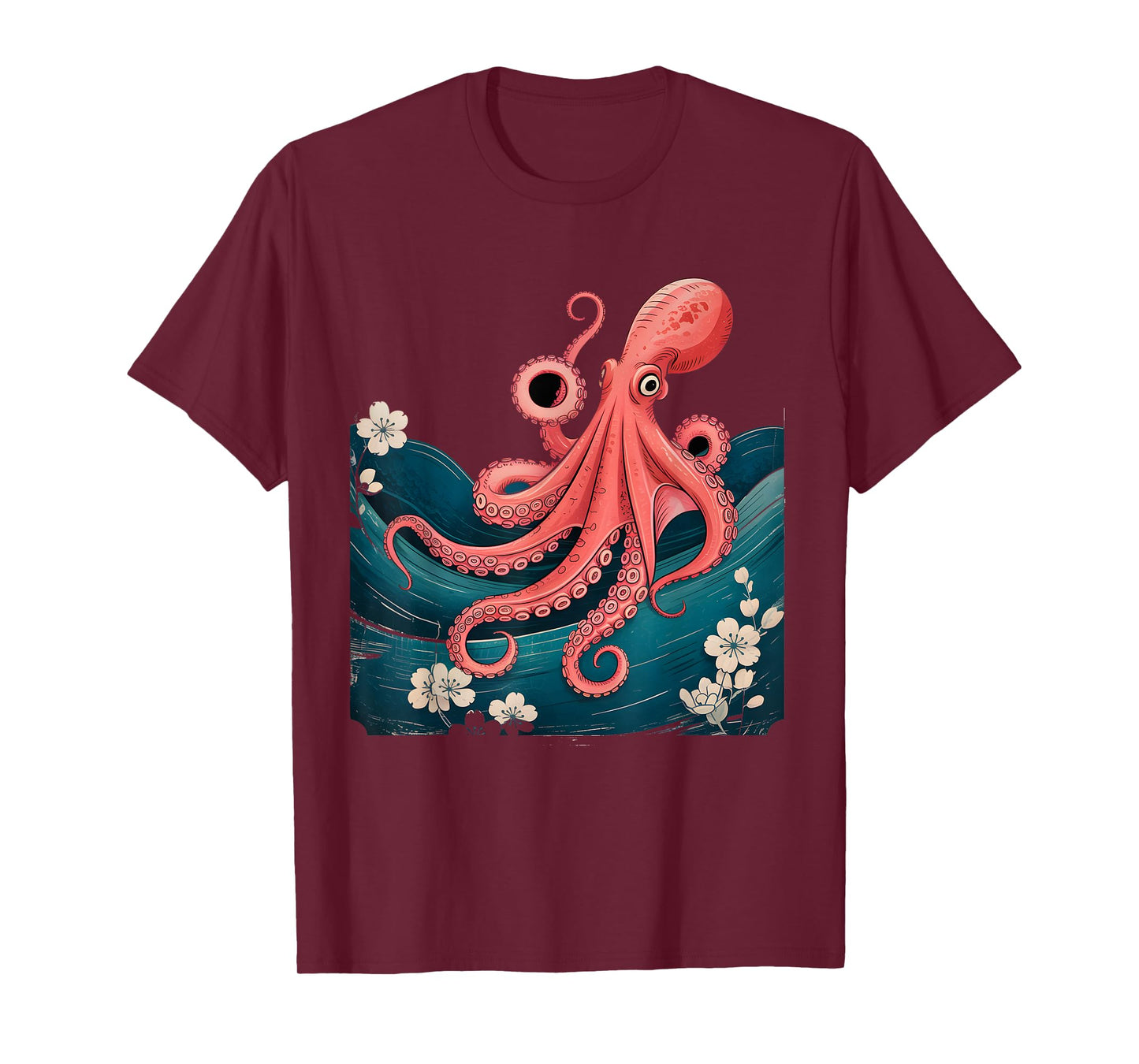 Vintage Japanese Octopus Cherry Blossom Retro Art Graphic T-Shirt