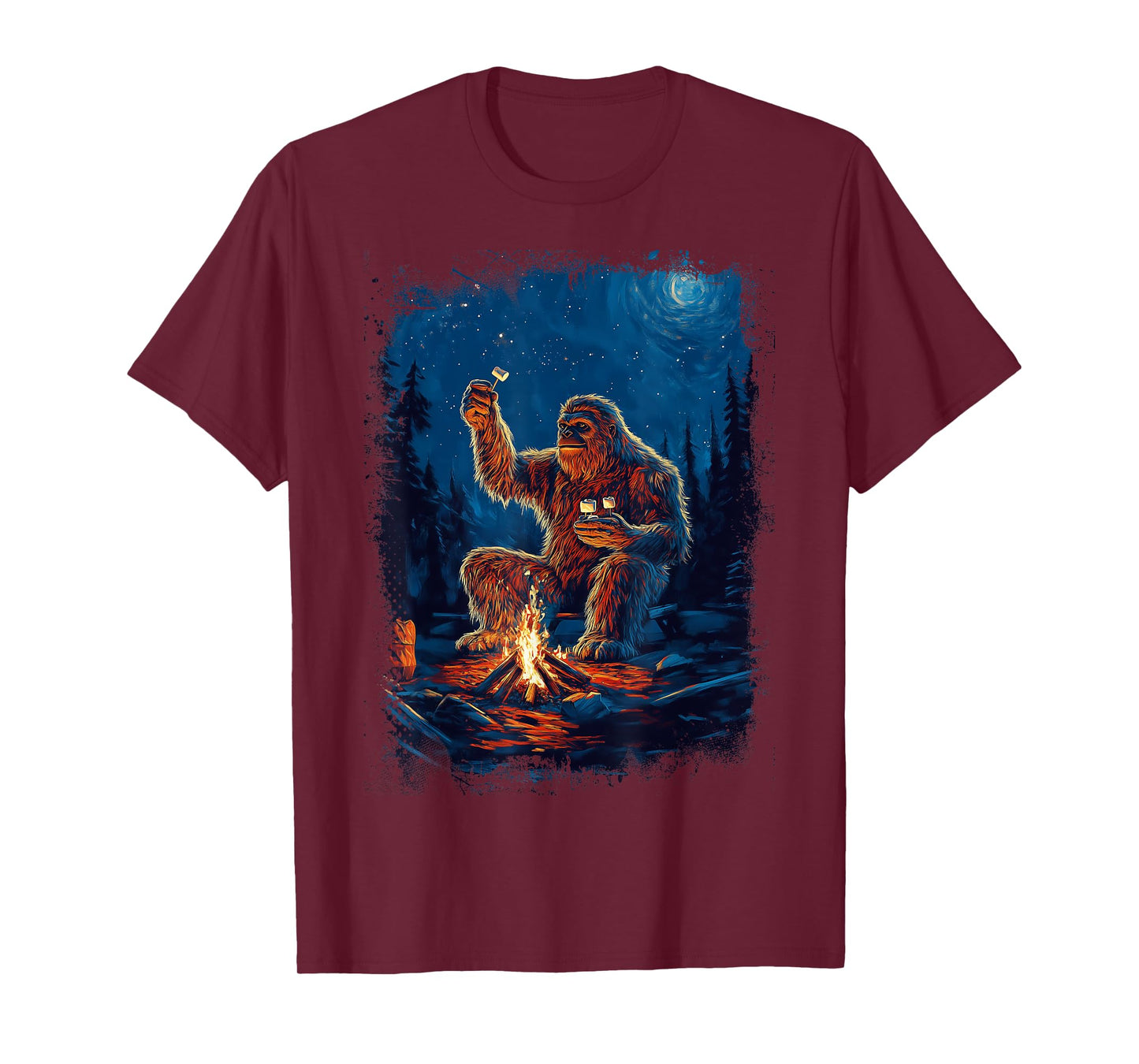 Bigfoot Sasquatch Roasting Marshmallows Camping Adventure T-Shirt