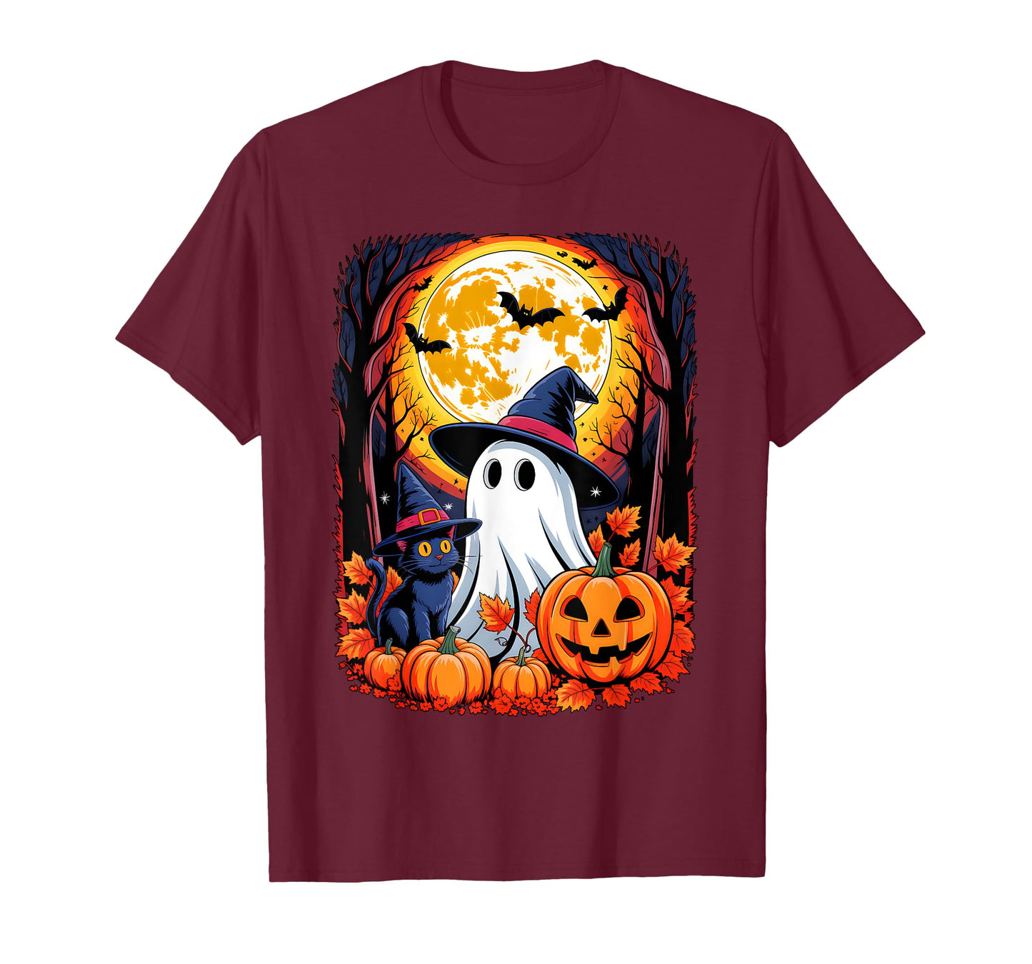 Cute Ghost Black Cat Halloween Witch Pumpkin Dark Forest T-Shirt
