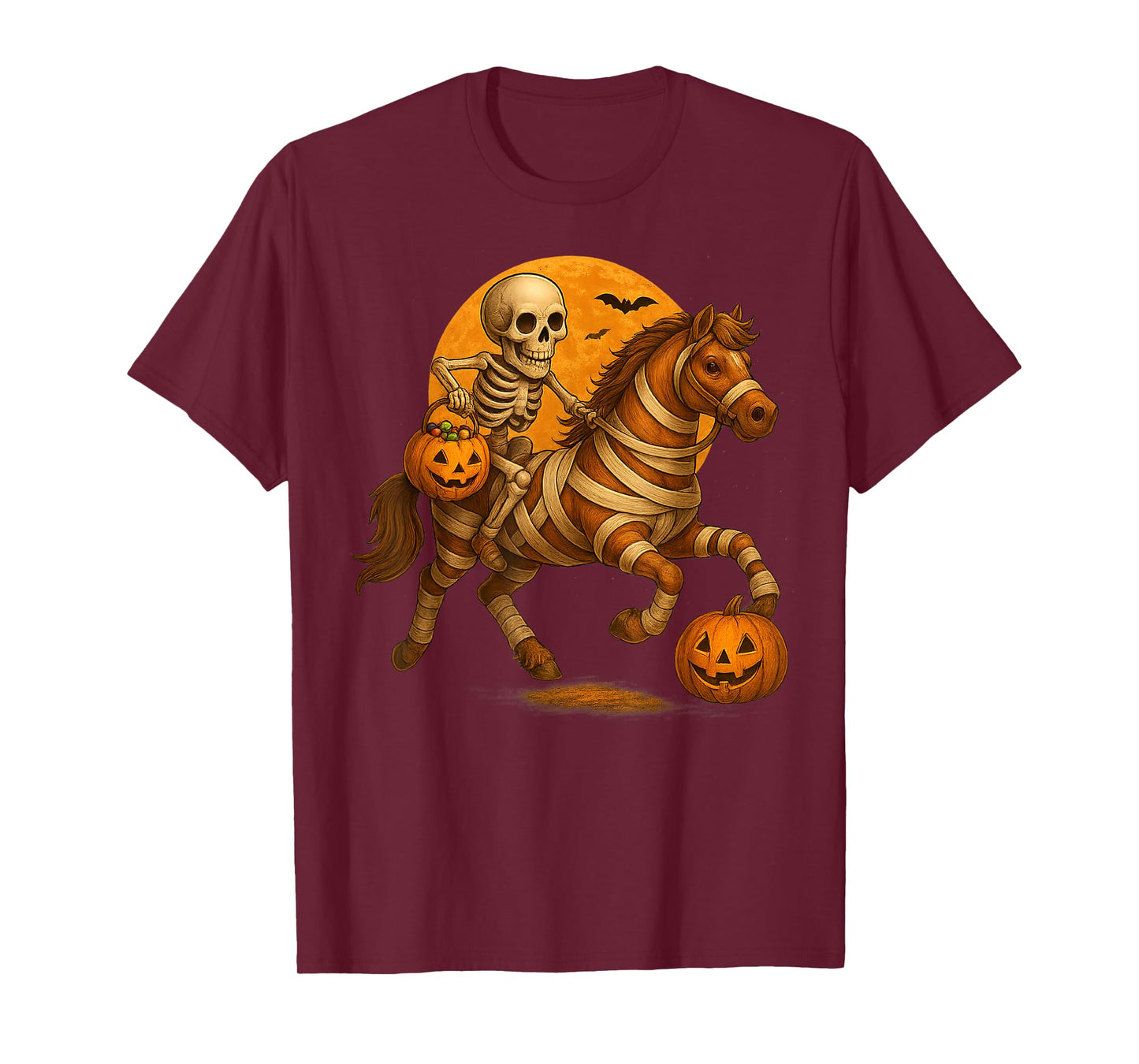 Skeleton Riding Mummy Horse Halloween Costume Funny Pumpkin T-Shirt