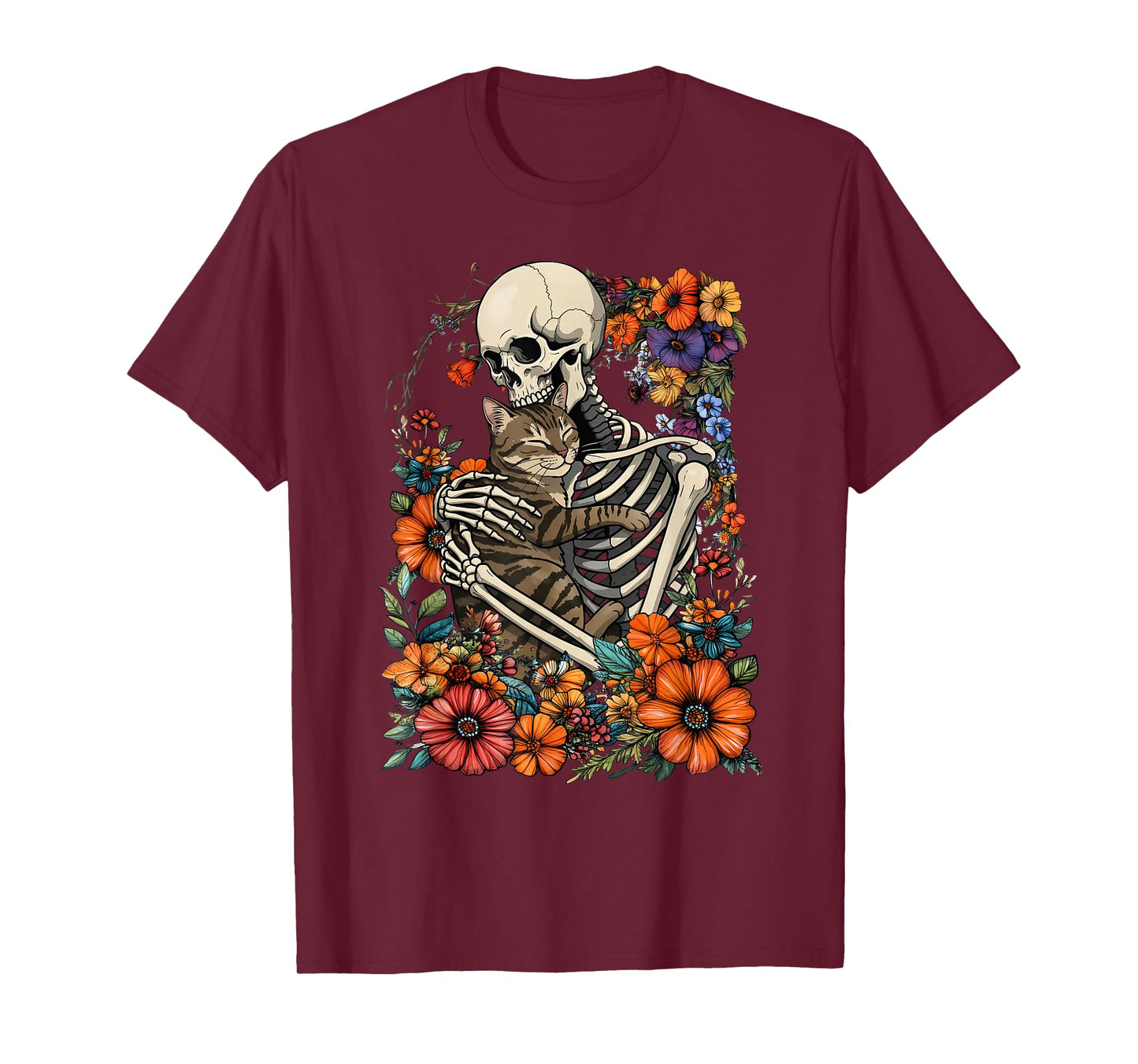 Skeleton Hugging Cat Floral Halloween Cats Lover Men Women T-Shirt