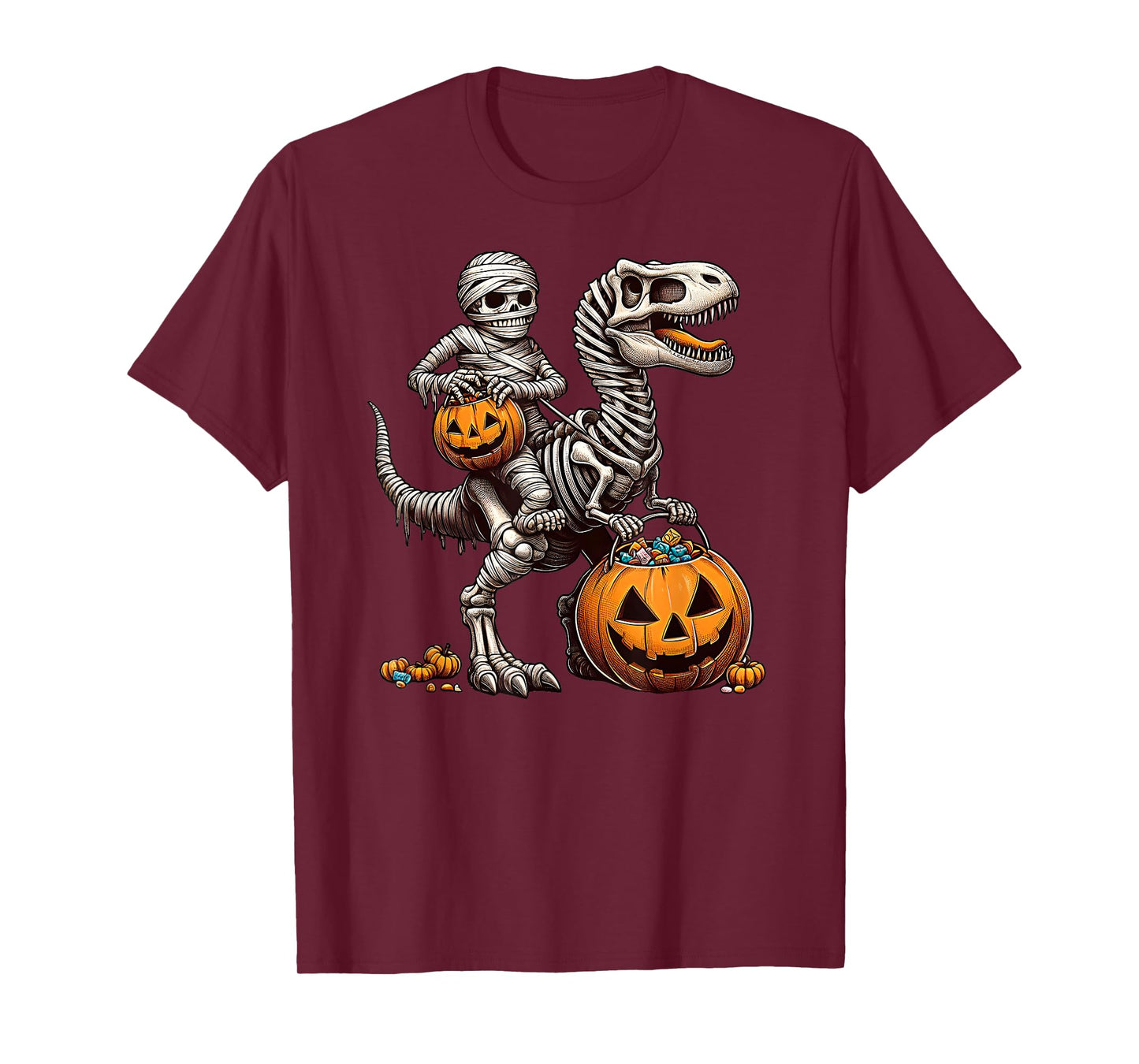 Mummy Skeleton Riding Dinosaur T Rex Pumpkin Moon T-Shirt