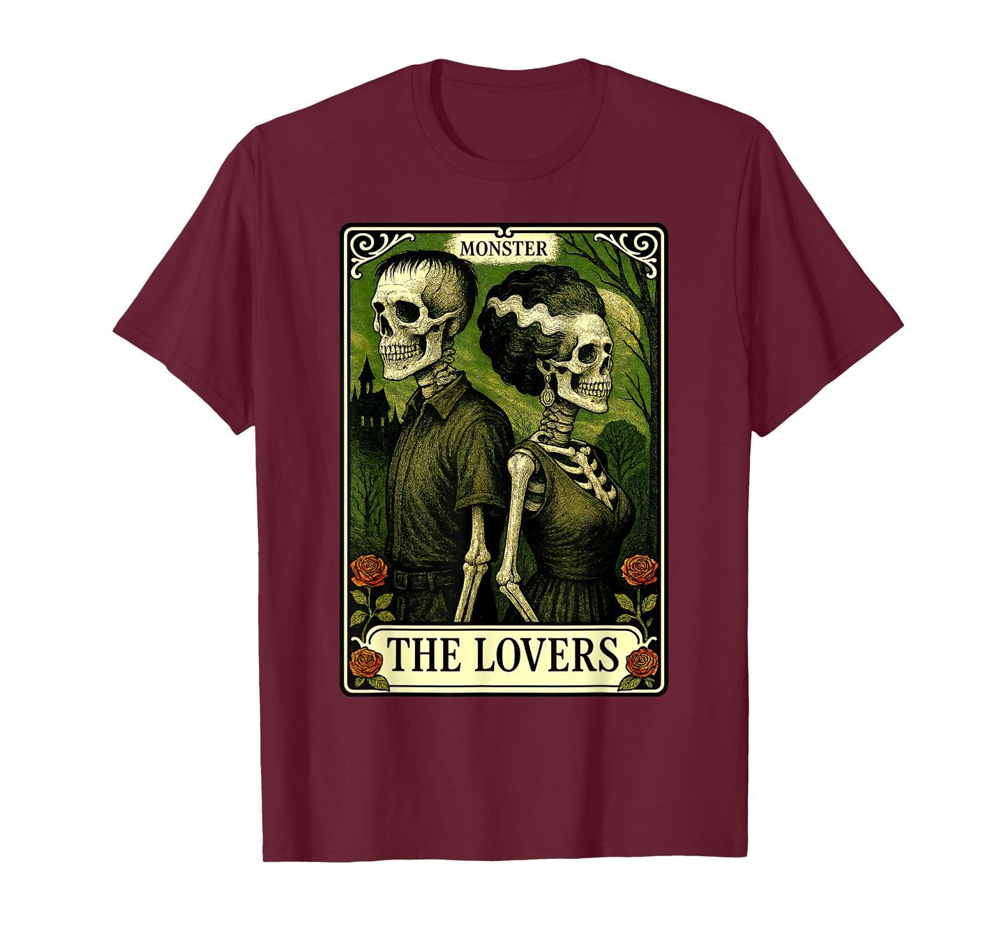 Monster Frankenstein and Bride Lovers Tarot Card Skeleton T-Shirt