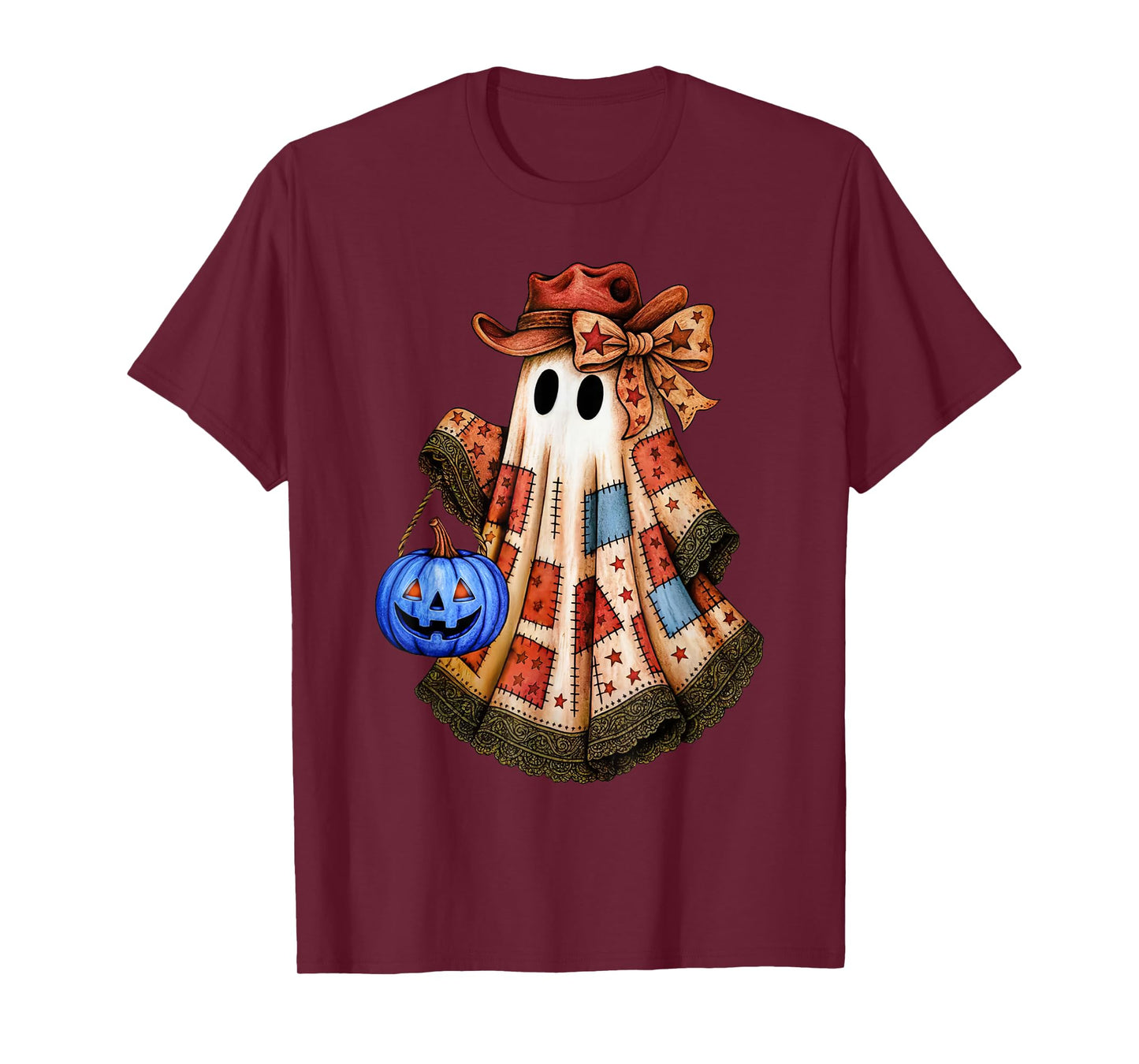 Preppy Girly Coquette Bow Patchwork Ghost Fall Halloween T-Shirt