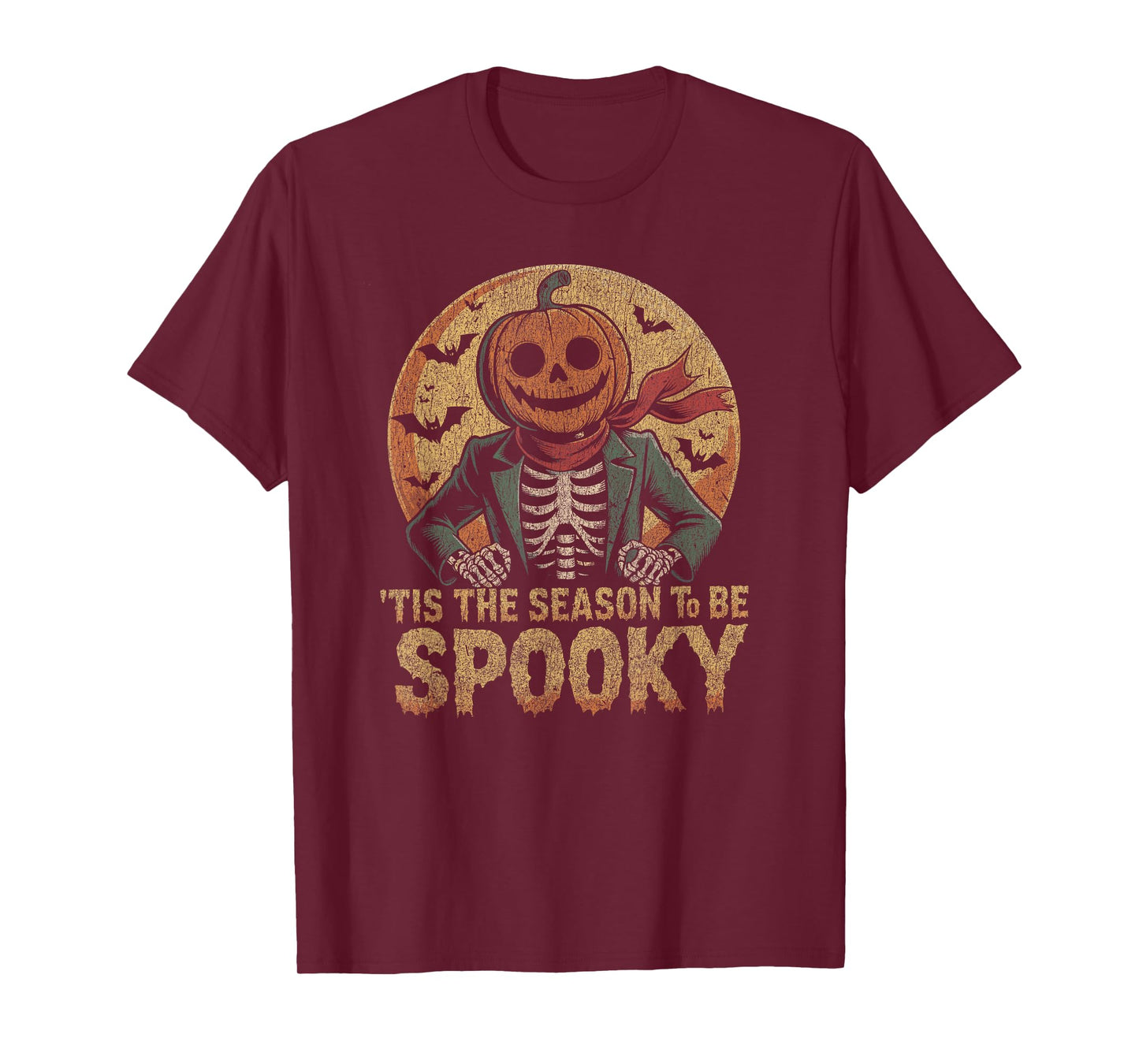 Skeleton with Pumpkin Head in Front of Full Moon and Bats T-Shirt