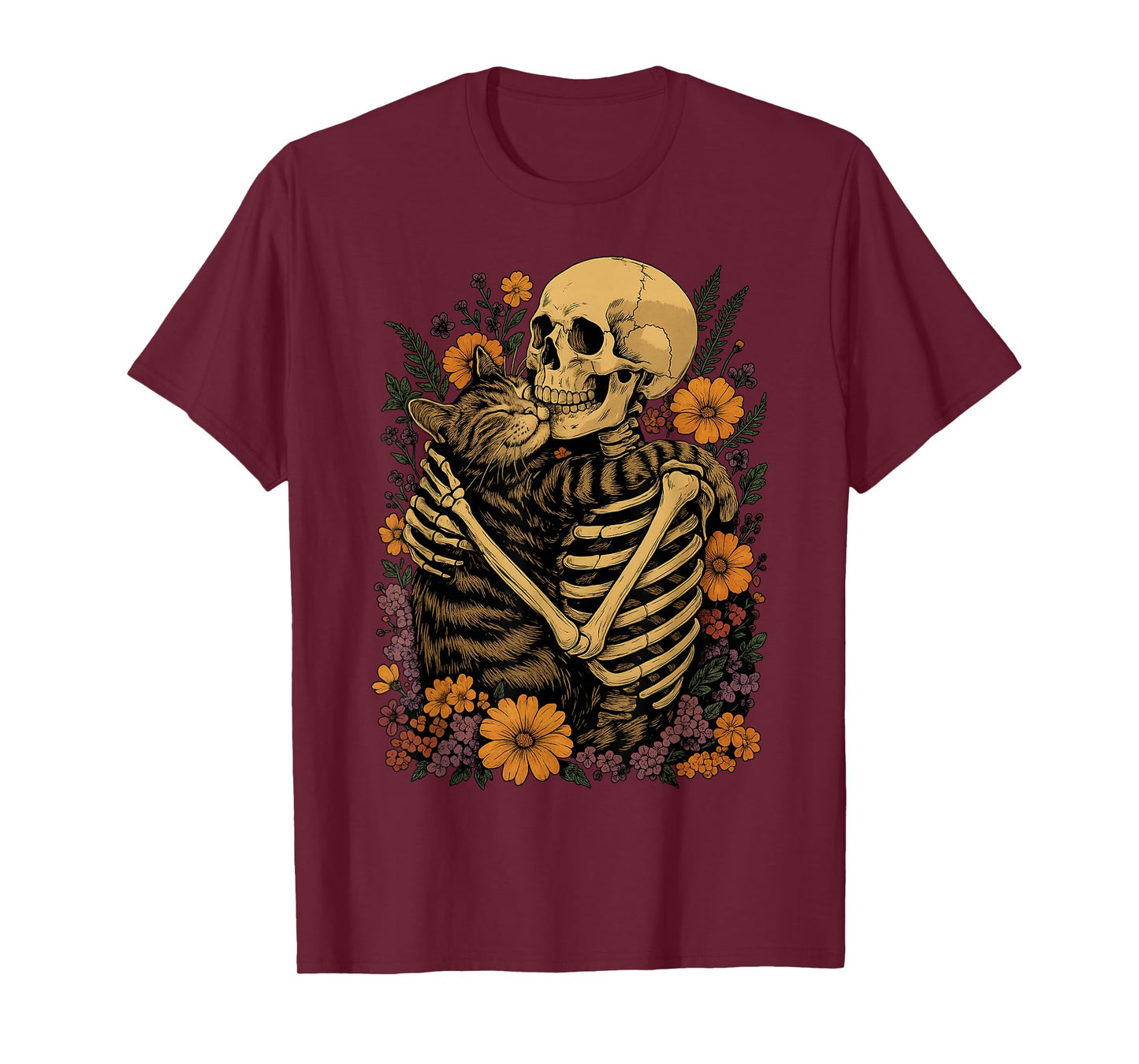 Skeleton Hugging Cat Floral Halloween Cats Lover T-Shirt T-Shirt