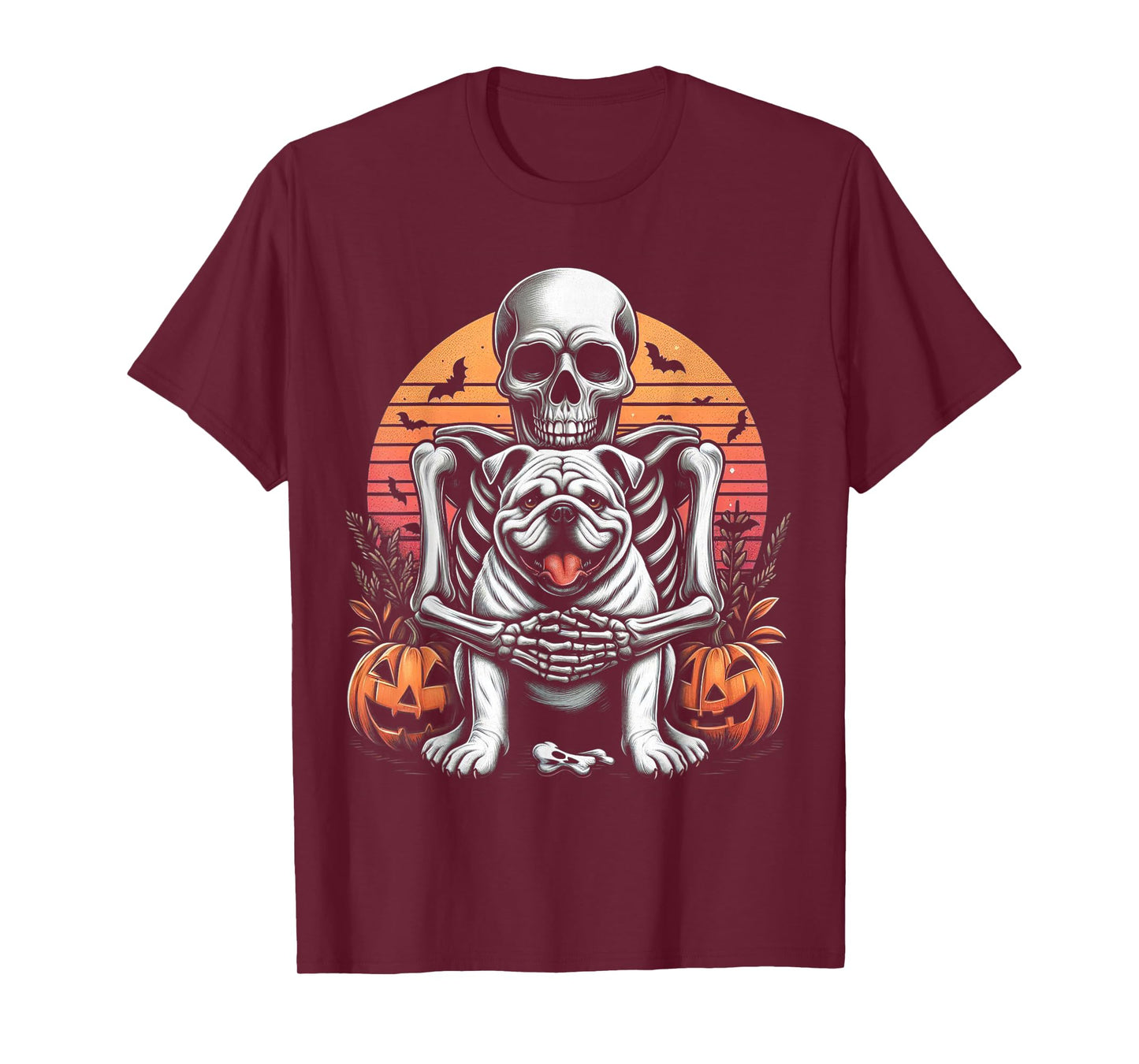 Skeleton Hugging Bulldog Halloween Lover Mom Dad T-Shirt