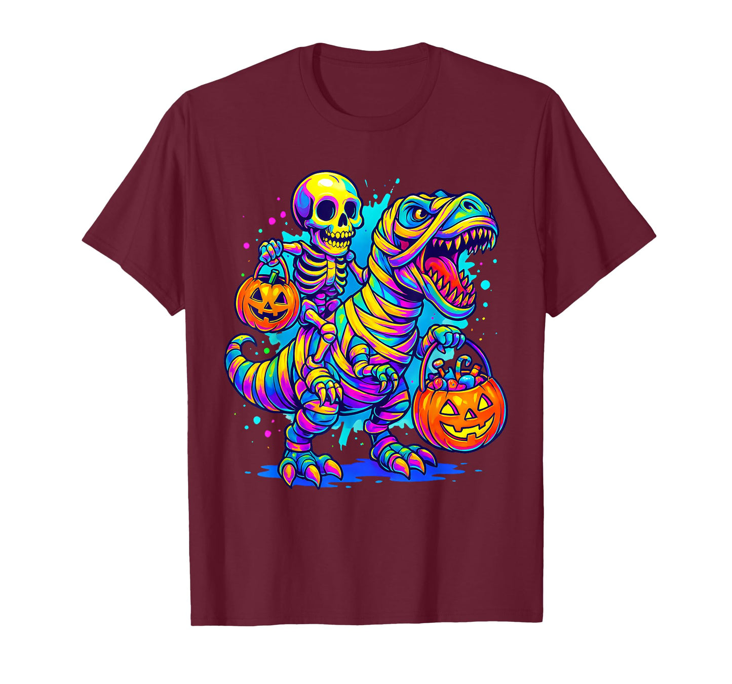 Skeleton Riding Mummy Dinosaur T rex Halloween Funny Pumpkin T-Shirt