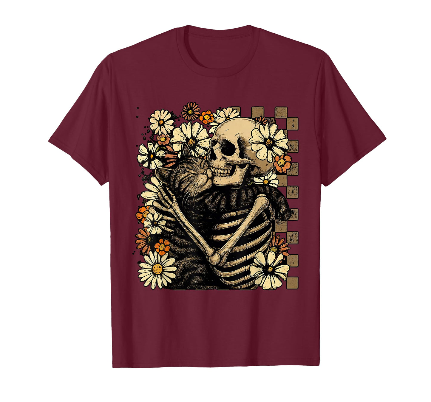 Retro Skeleton Hugging Cat Floral Halloween Cats Lover Fall T-Shirt