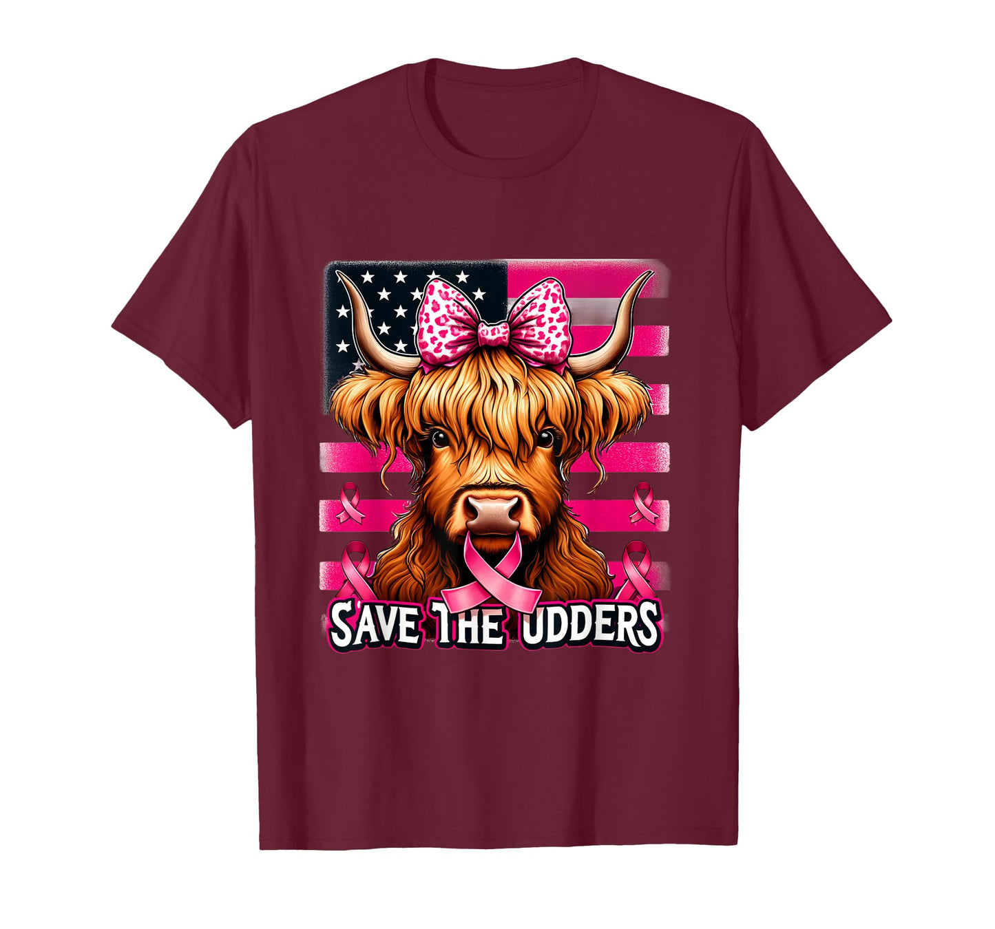 Retro Save The Udders Messy Hair Highland Cow Breast Cancer T-Shirt