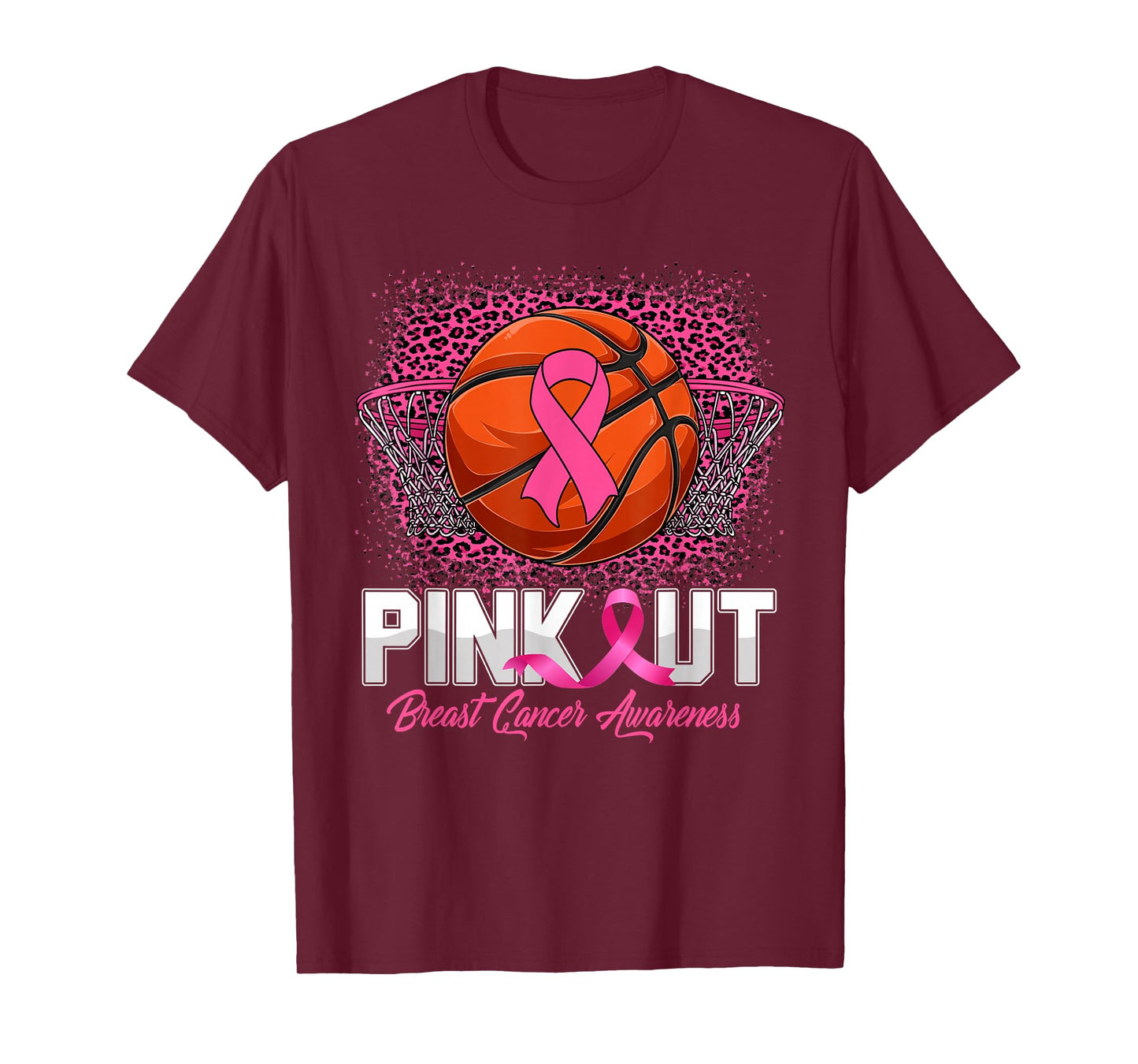 Pink Out Breast Cancer Awareness Basketball Leopard Bleached T-Shirt