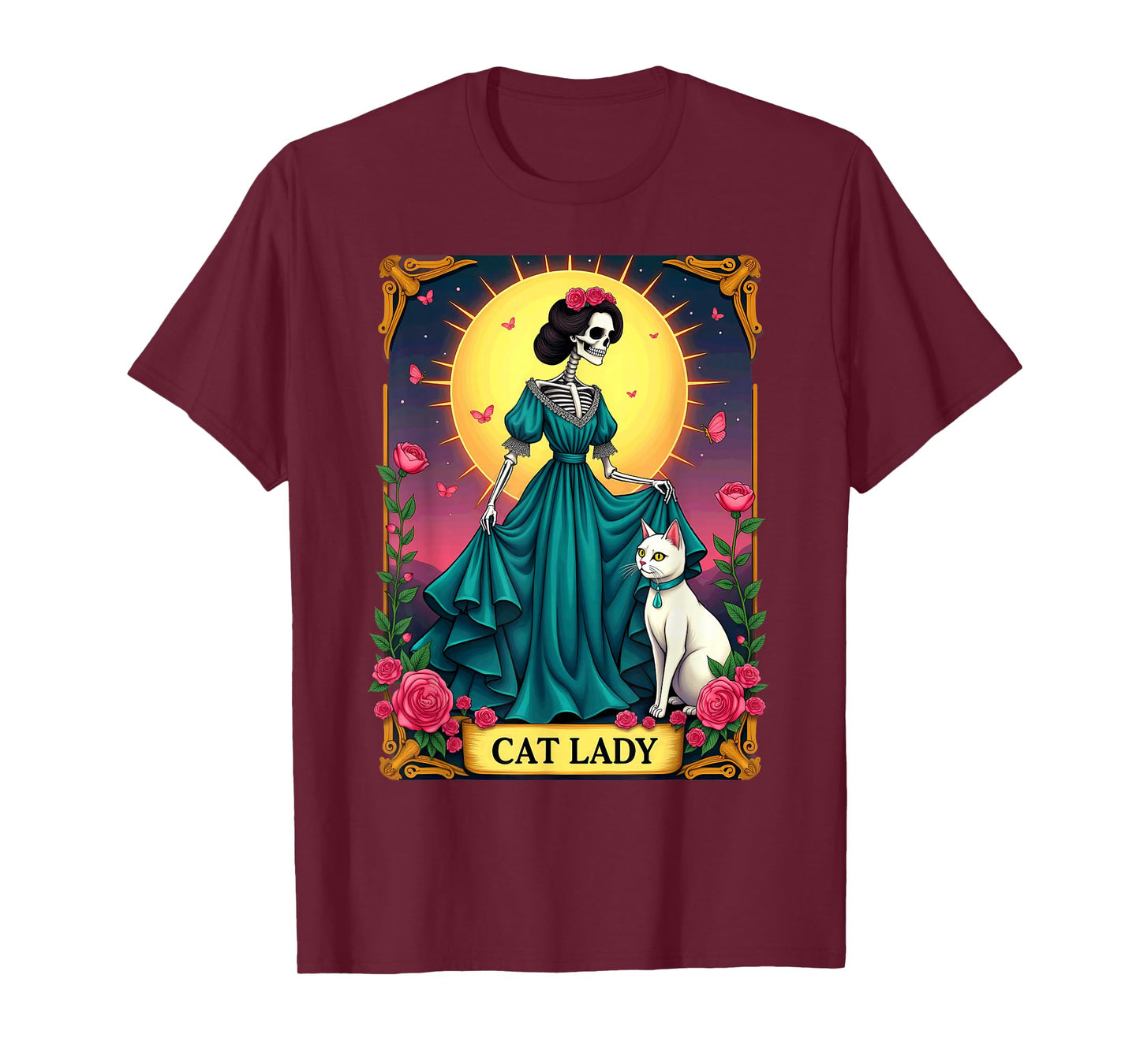 Retro Cat Lady Tarot Card Skeleton Halloween T-Shirt