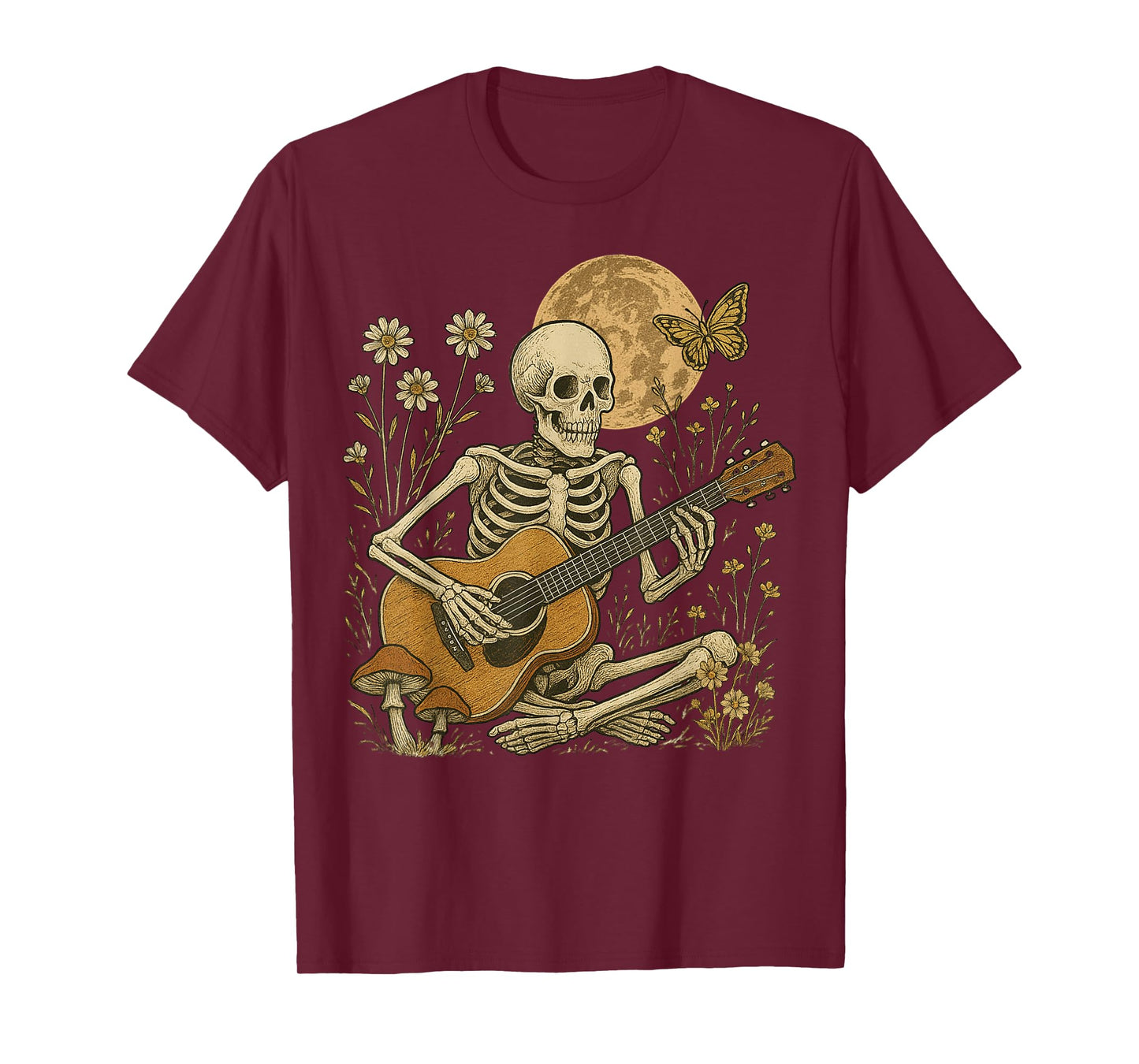 Moonlit Skeleton Playing Guitar Dark Academia Aesthetic T-Shirt