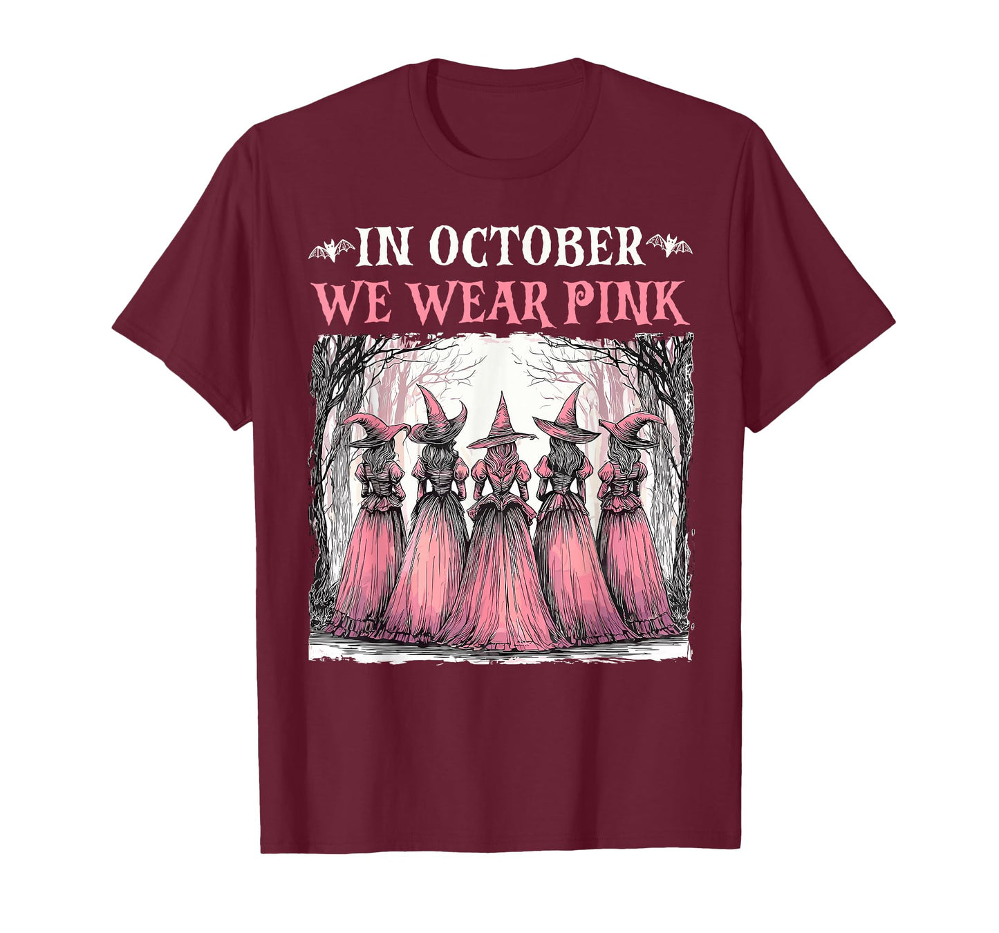 in October We Wear Pink Witch Halloween Breast Cancer Women T-Shirt