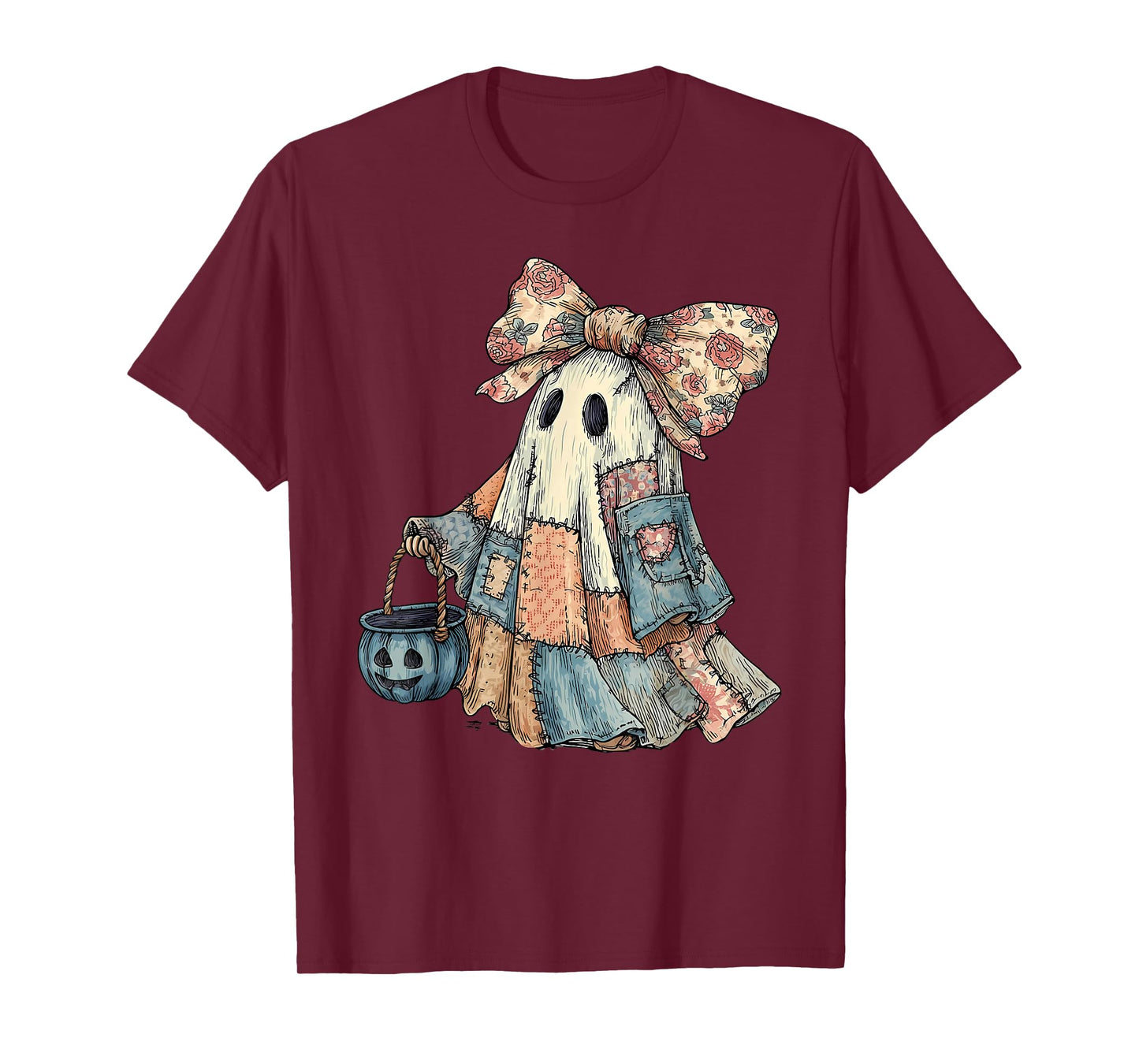 Vintage Preppy Blue Denim Patchwork Ghost Girly Halloween T-Shirt