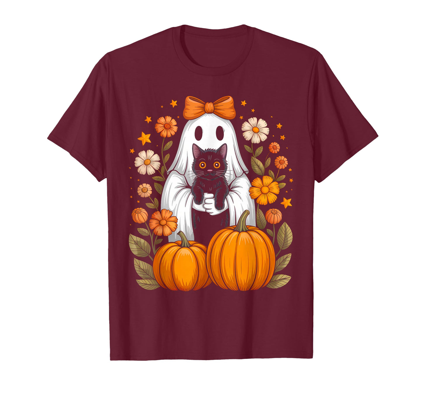 Funny Halloween Ghost Holding Black Cat Floral Pumpkin T-Shirt