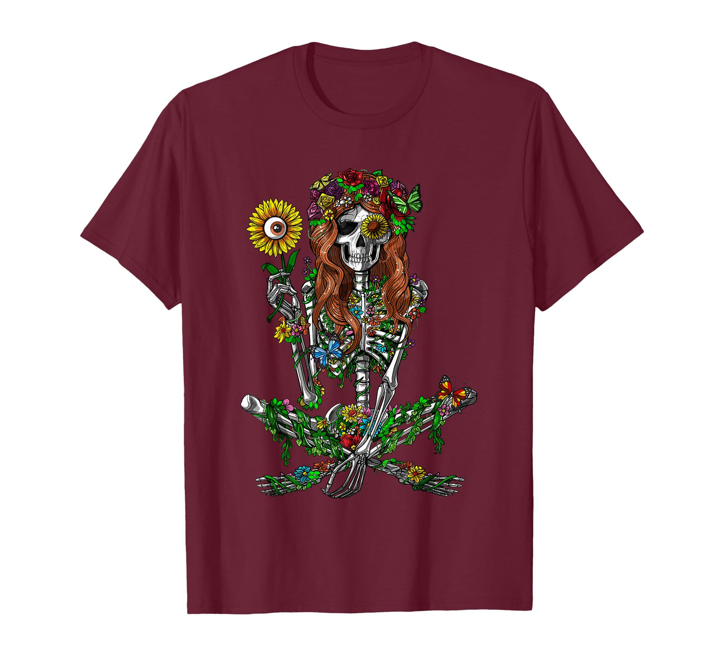 Skeleton Hippie Sunflower Forest Flowers Nature Floral T-Shirt