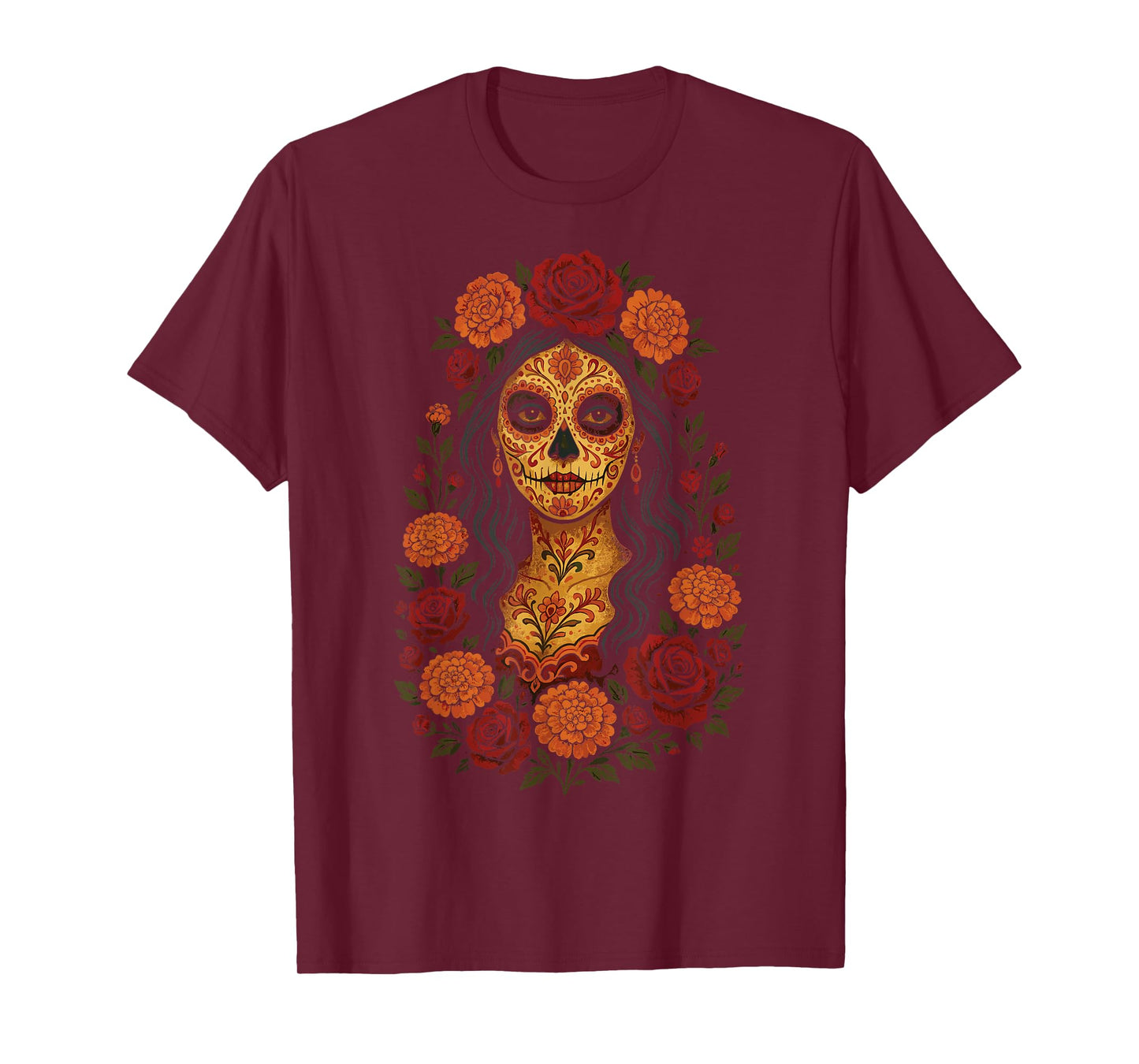 Day of The Dead Dia De Los Muertos Floral Sugar Skull Woman T-Shirt