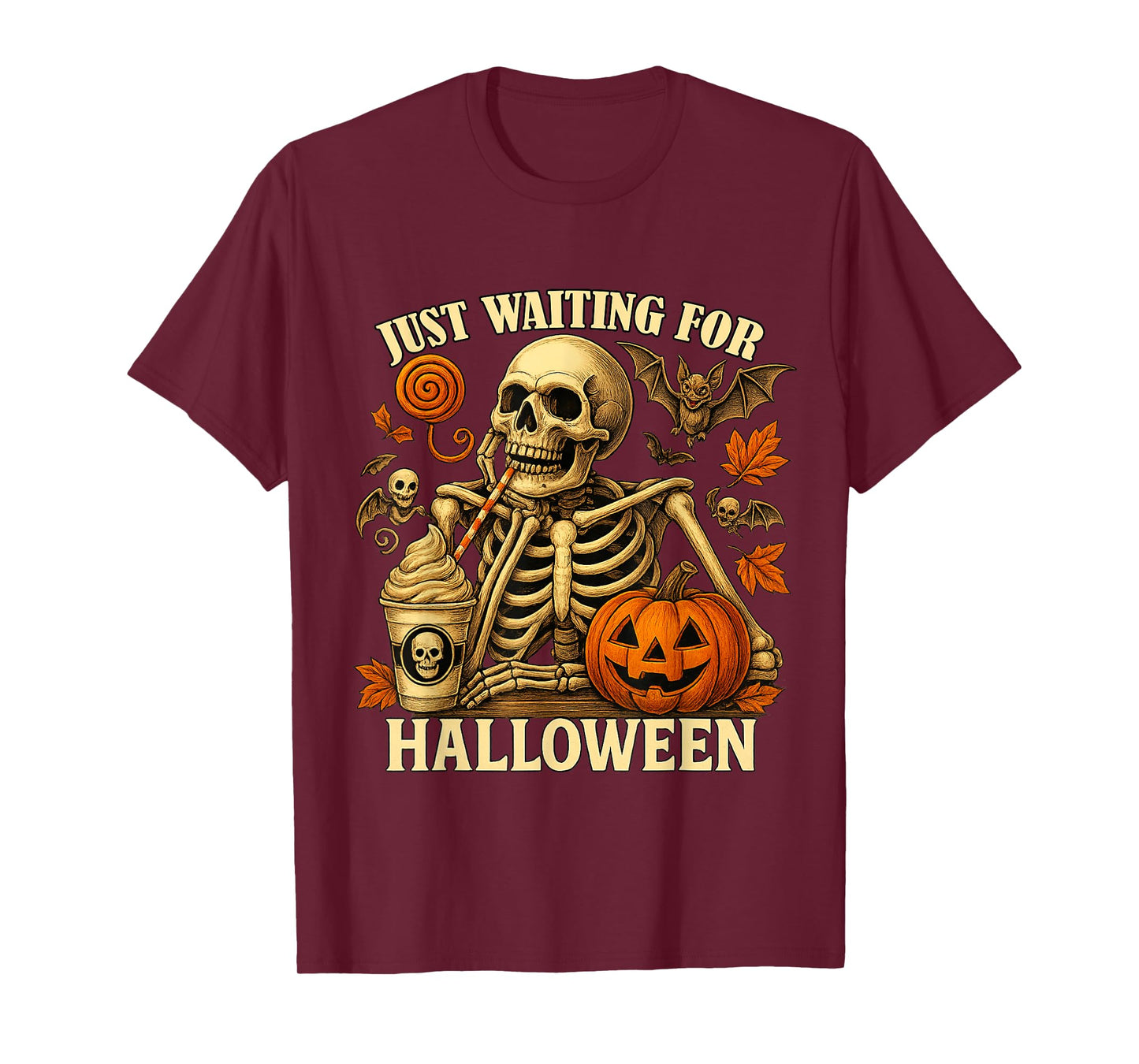 Just Waiting for Halloween Funny Skeleton Pumpkin T-Shirt