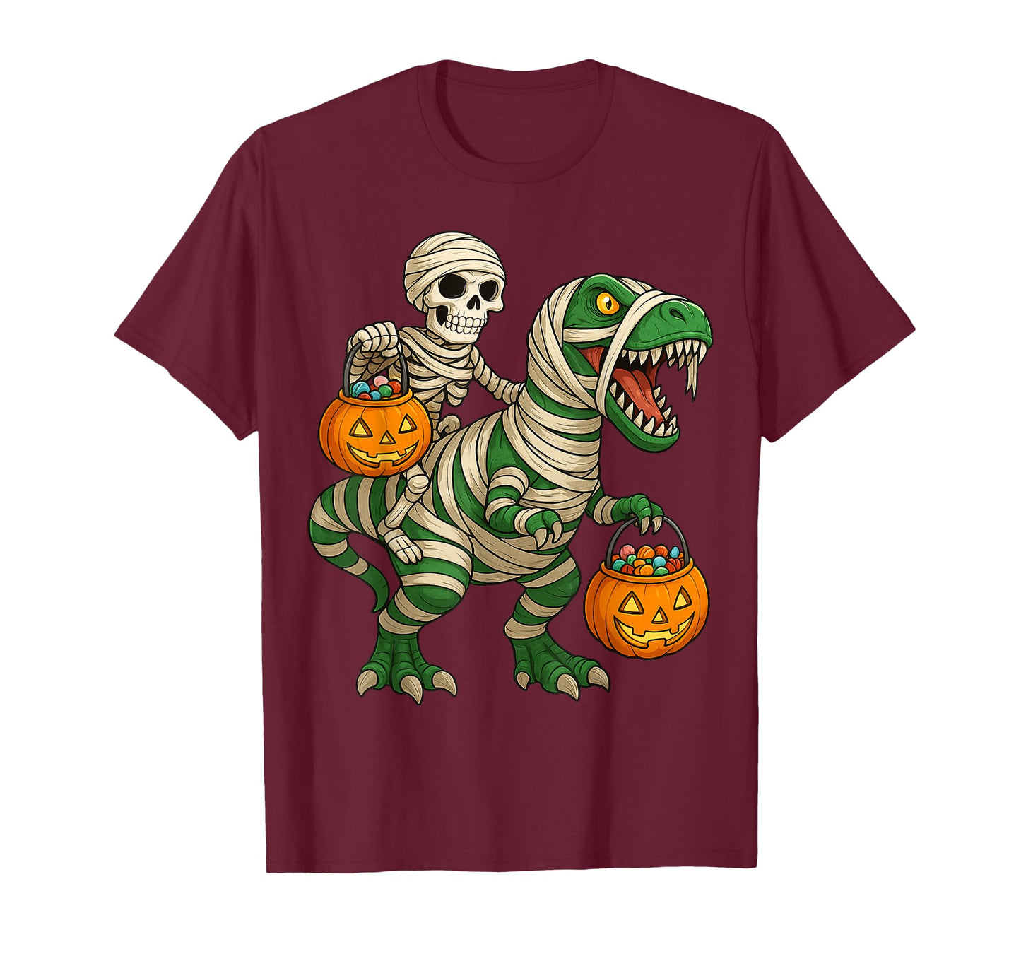 Skeleton Riding Mummy Dinosaur Funny Halloween Costume Kids T-Shirt