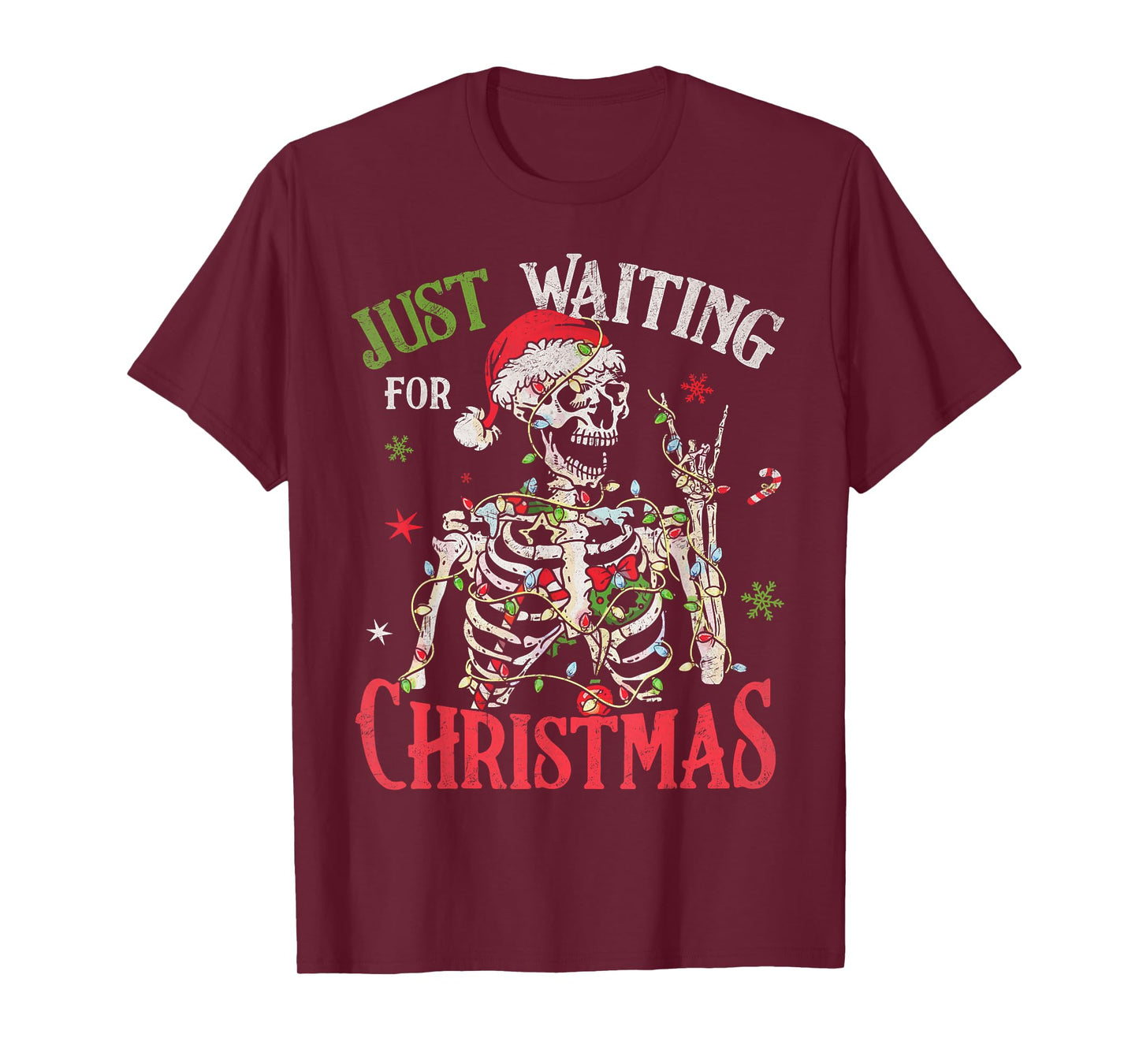 Just Waiting for Christmas Holiday Santa Claus Skeleton T-Shirt