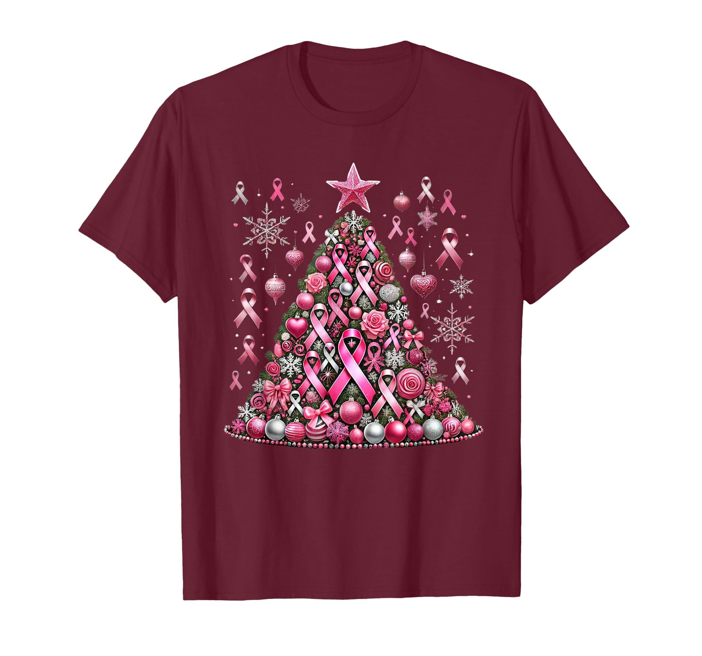 Snowflakes Ornament Decoration Breast Cancer Christmas Tree T-Shirt