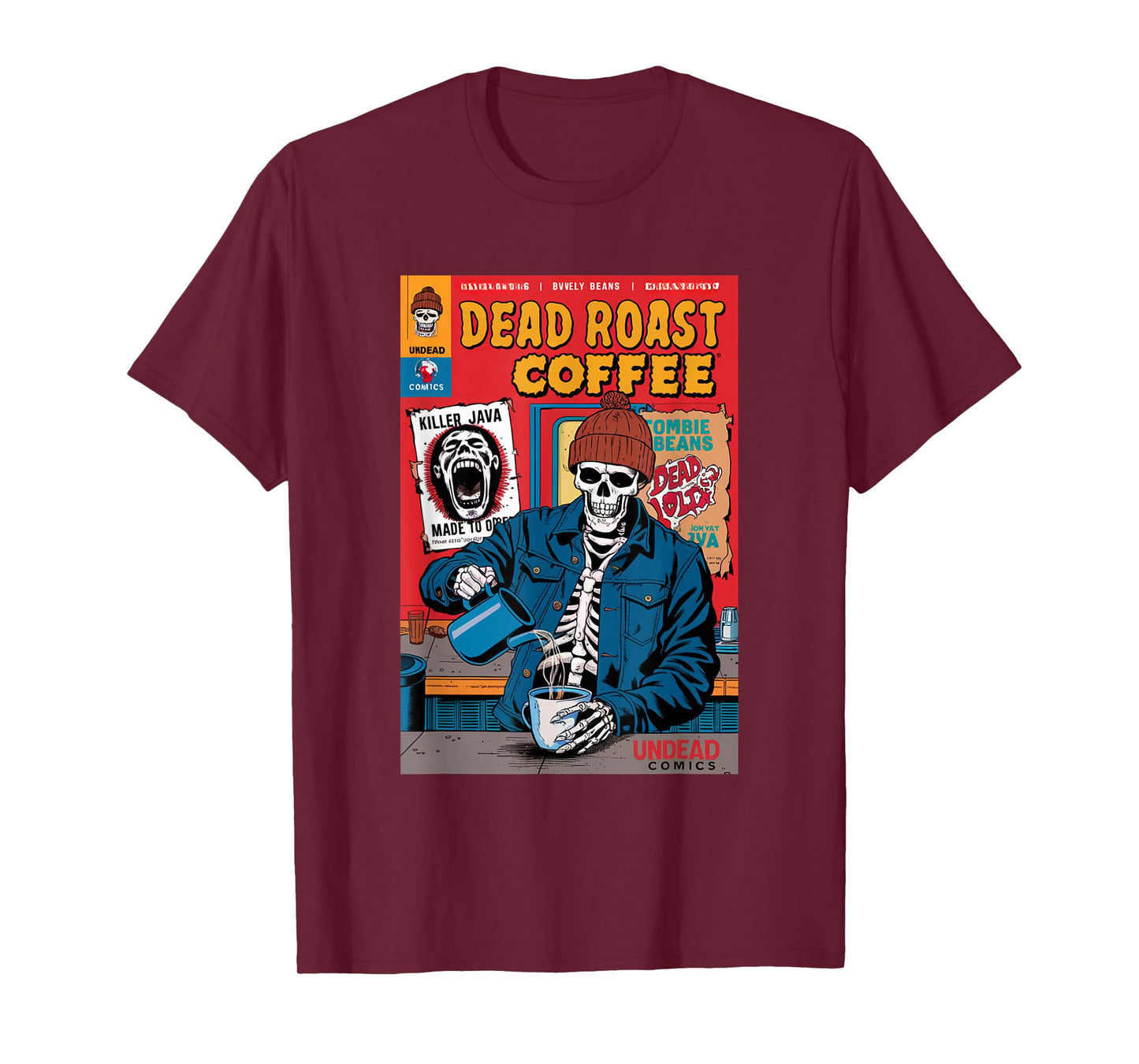 Dead Roast Coffee Comic Book Cover Style Skeleton Barista T-Shirt