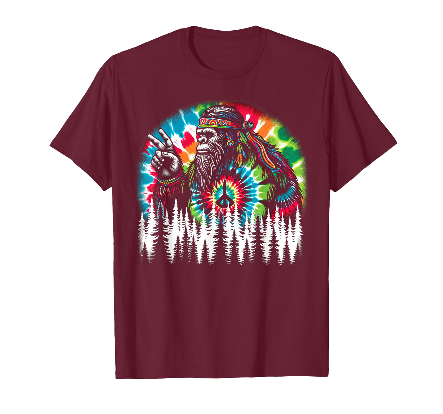 Hippie Bigfoot Peace Sign Tie Dye Forest Vibes T-Shirt