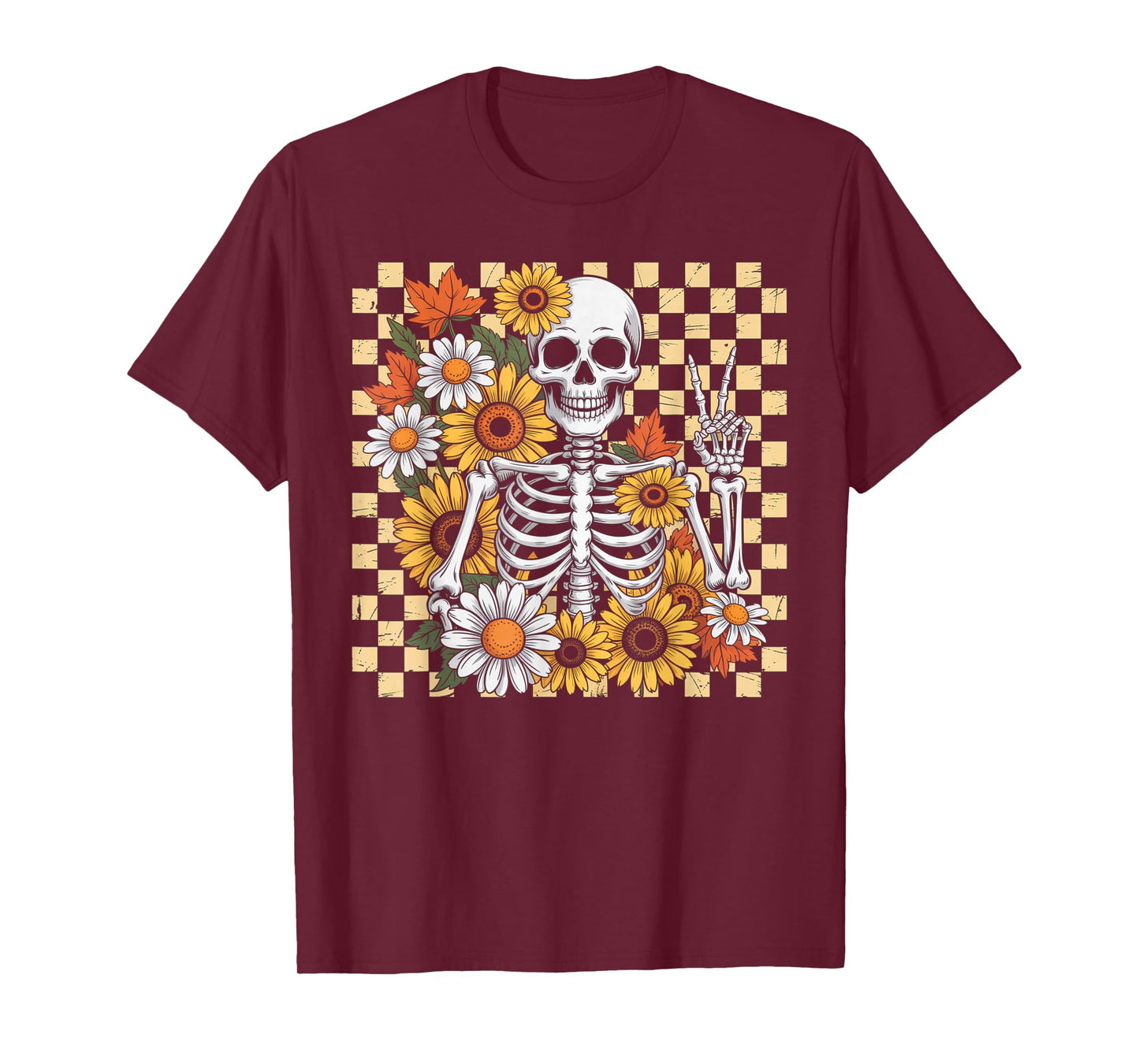 Retro Fall Skeleton Halloween Skeleton Flower Spooky Season T-Shirt