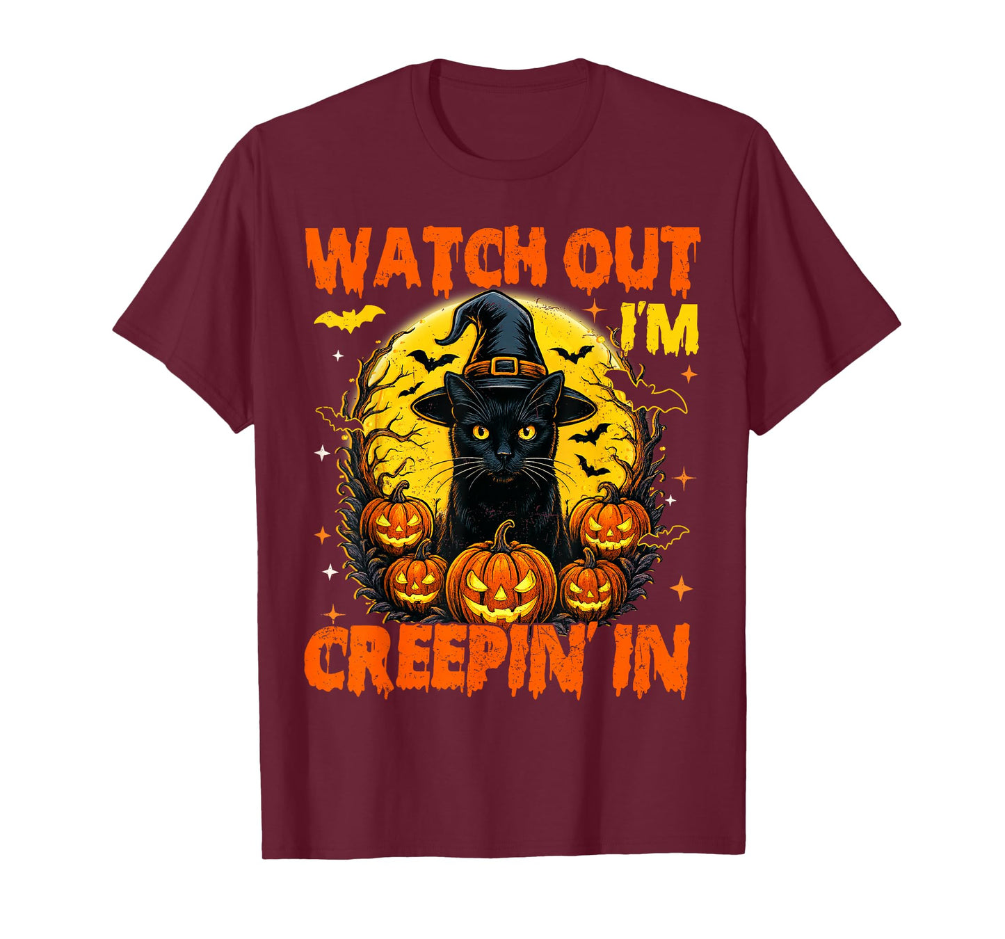 Black Cat Halloween Pumpkin Costume Creepin in Spooky Autumn T-Shirt